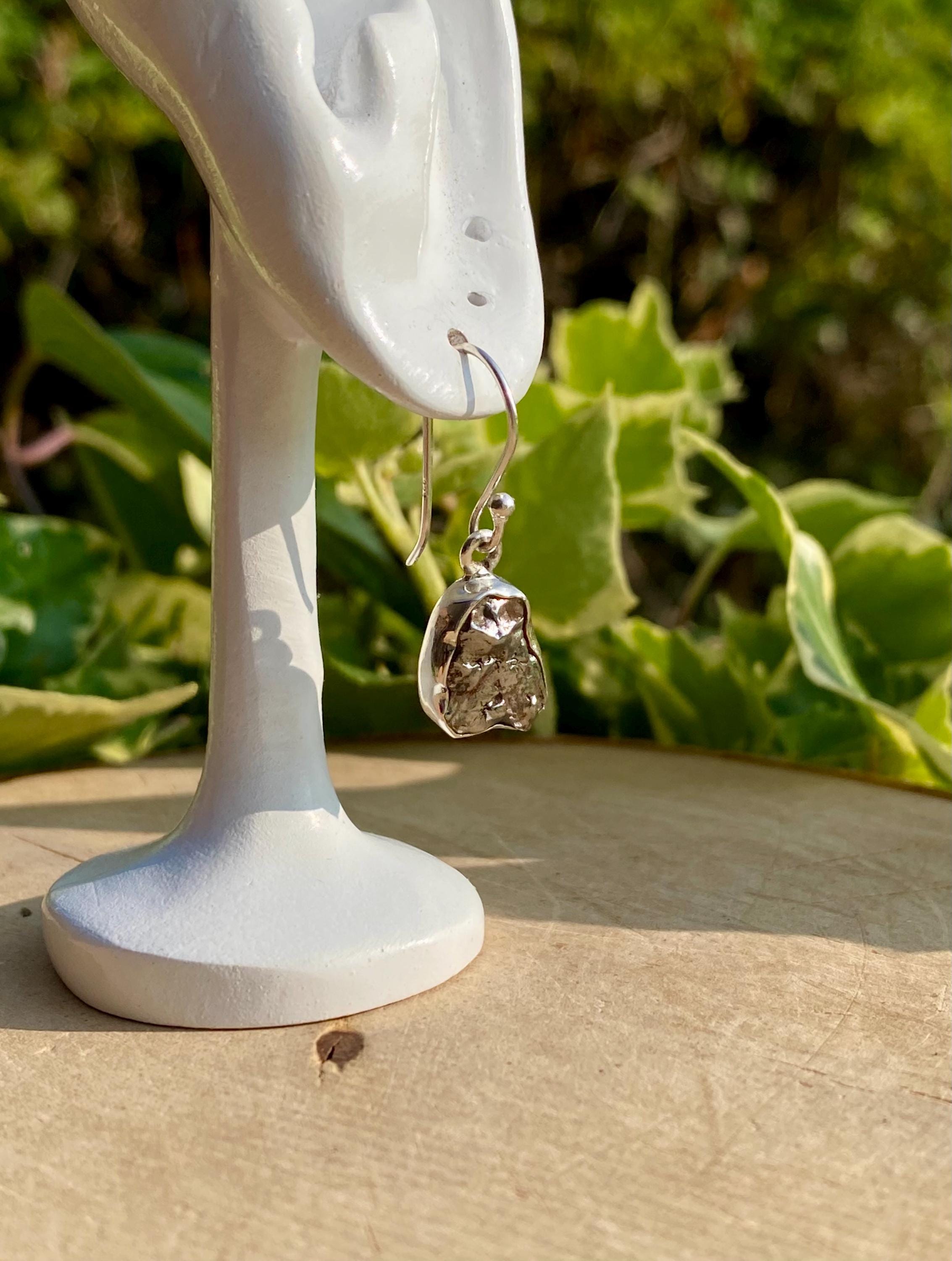 Meteorite Dangle Earrings: Sterling Silver Hexagon - Handmade Galaxy Jewellery