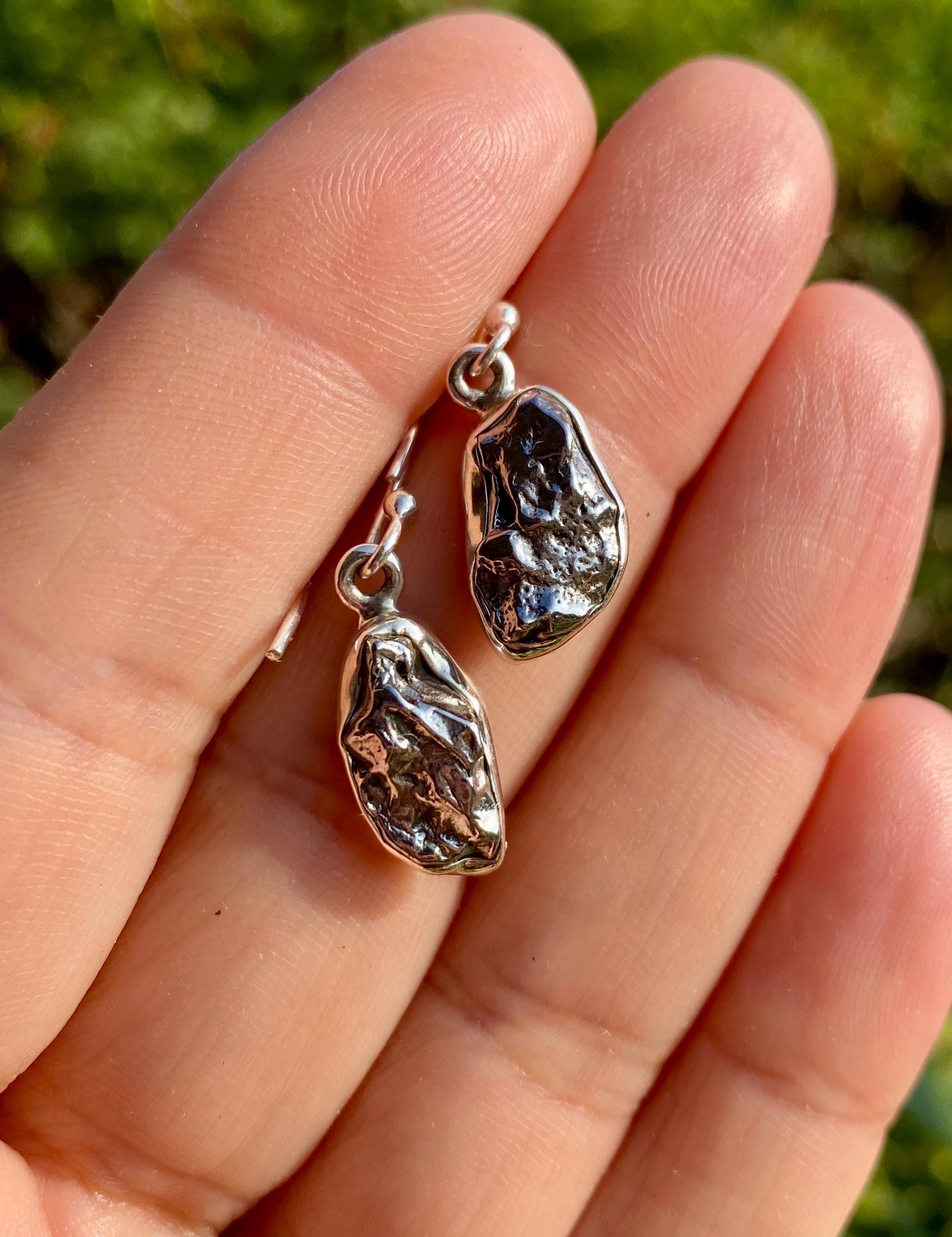 Meteorite Dangle Earrings: Sterling Silver Hexagon - Handmade Galaxy Jewellery