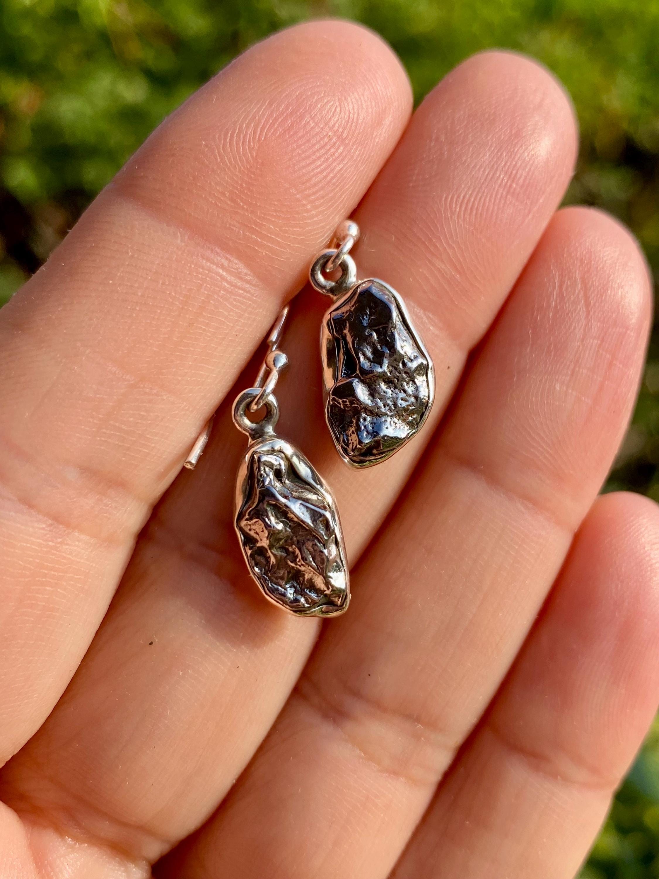 Meteorite Dangle Earrings: Sterling Silver Hexagon - Handmade Galaxy Jewellery