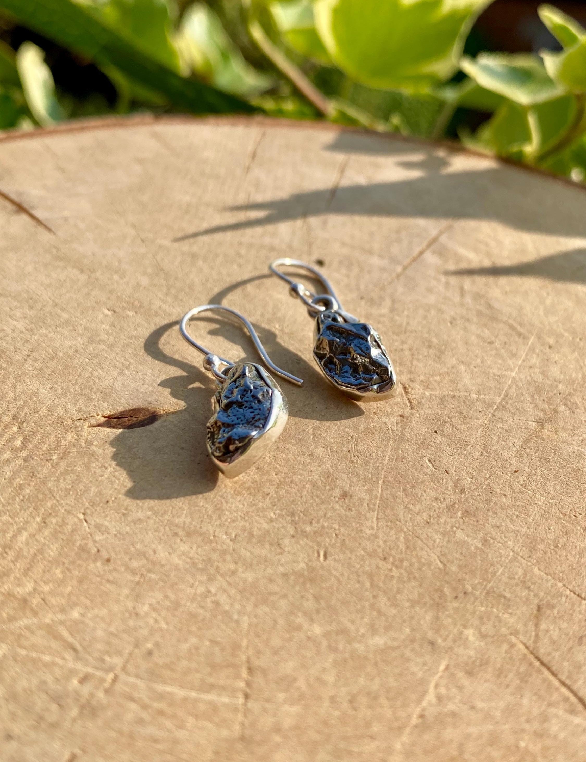 Meteorite Dangle Earrings: Sterling Silver Hexagon - Handmade Galaxy Jewellery