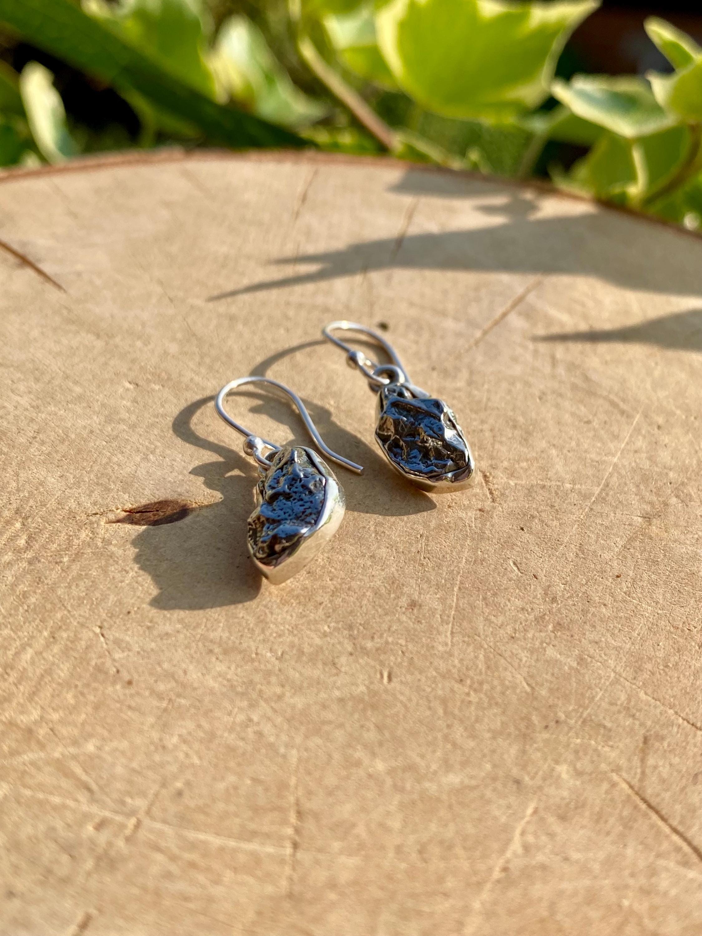 Meteorite Dangle Earrings: Sterling Silver Hexagon - Handmade Galaxy Jewellery