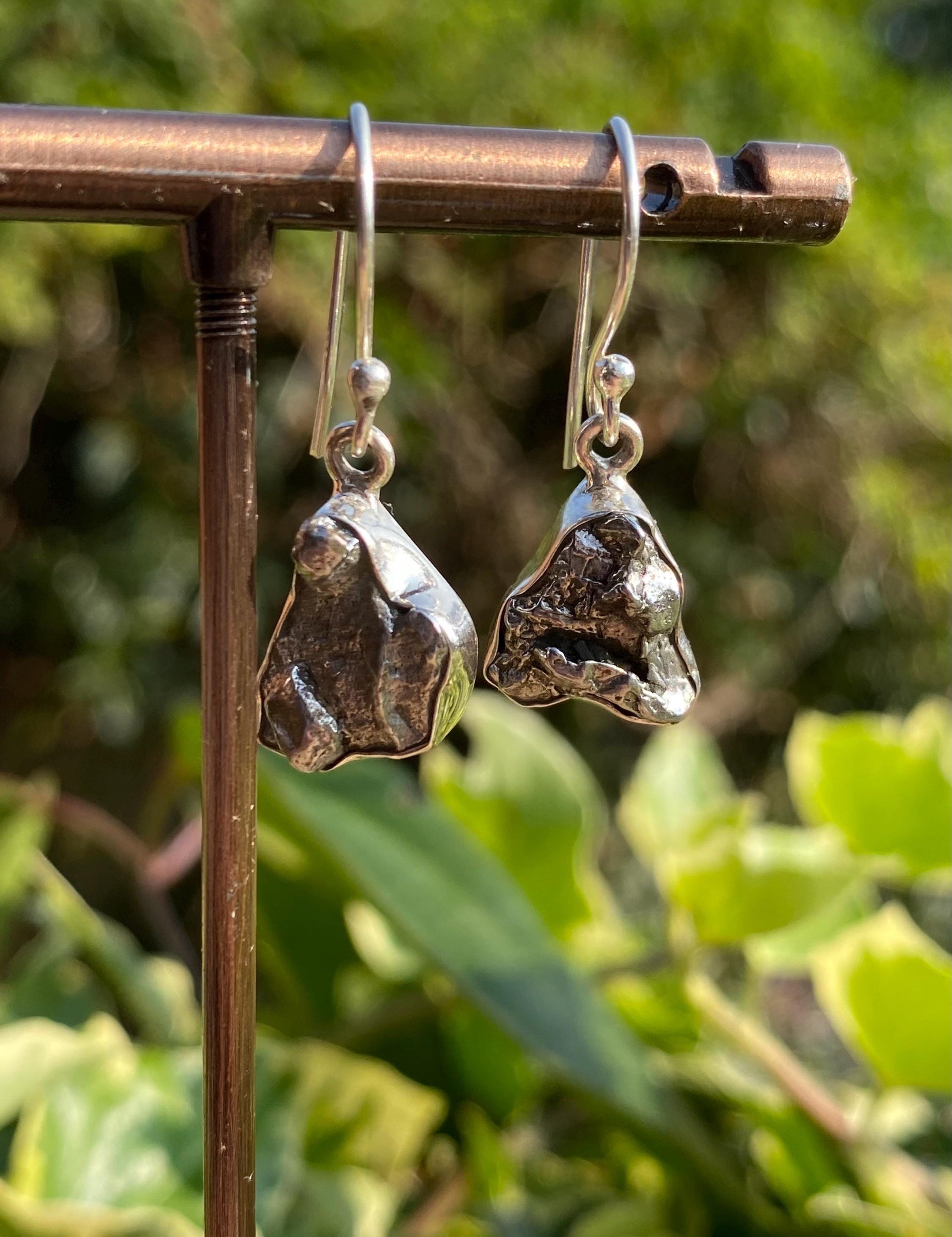 Campo Del Cielo Meteorite Dangle Earrings: Handmade Sterling Silver Bezel Setting