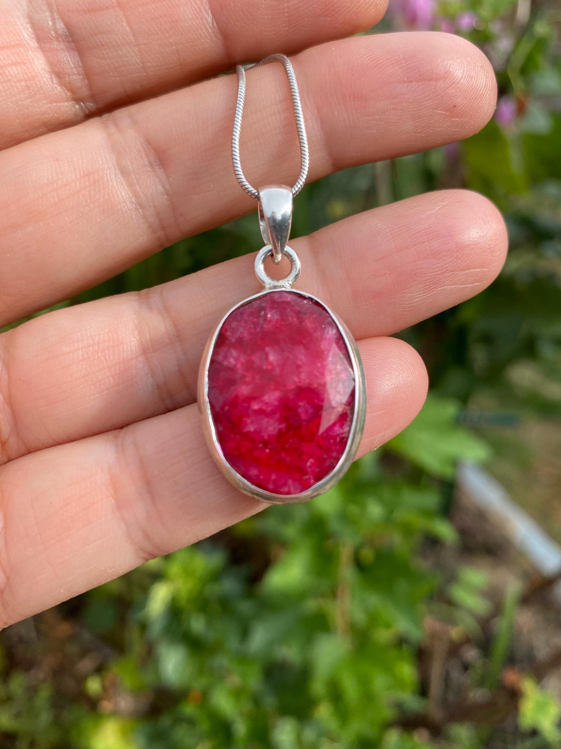 Raw Ruby 925 Sterling Silver Oval Pendant