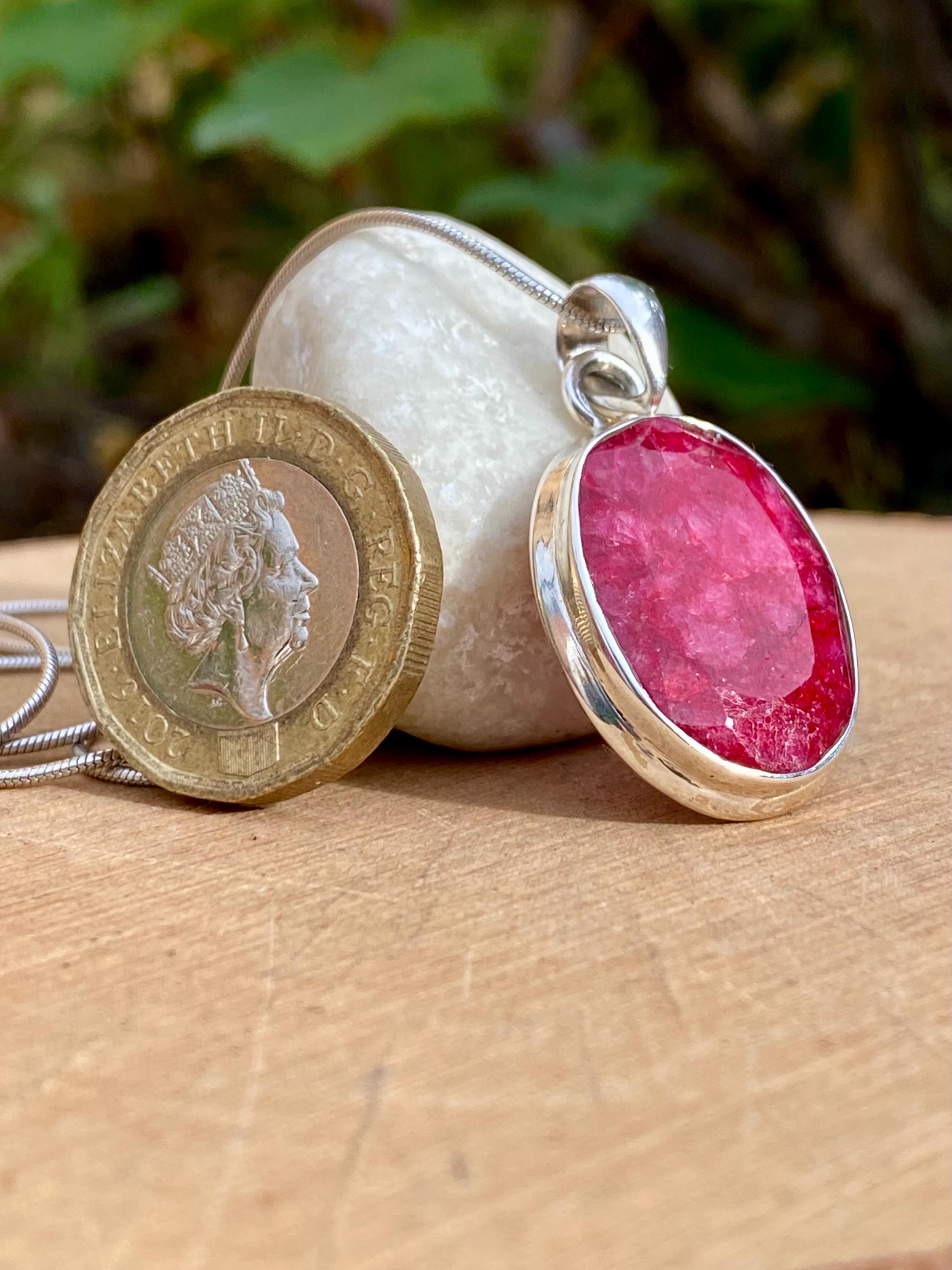 Raw Ruby 925 Sterling Silver Oval Pendant