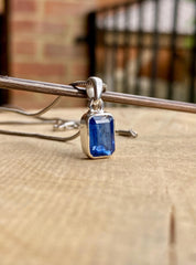 Blue Kyanite Pendant, Emerald Cut 10mm x 7mm 925 Sterling Silver, Handmade UK gift