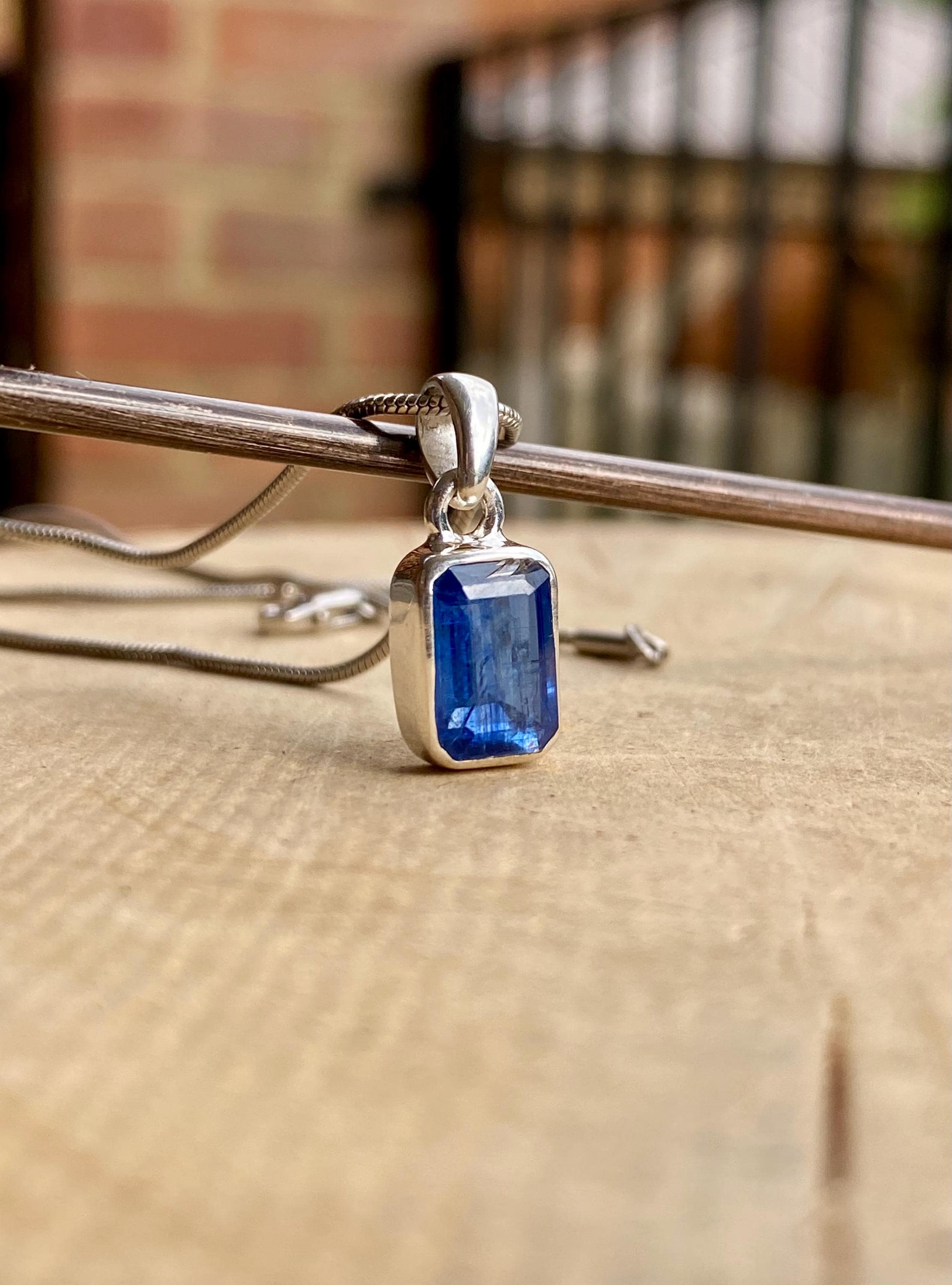 Blue Kyanite Pendant, Emerald Cut 10mm x 7mm 925 Sterling Silver, Handmade UK gift