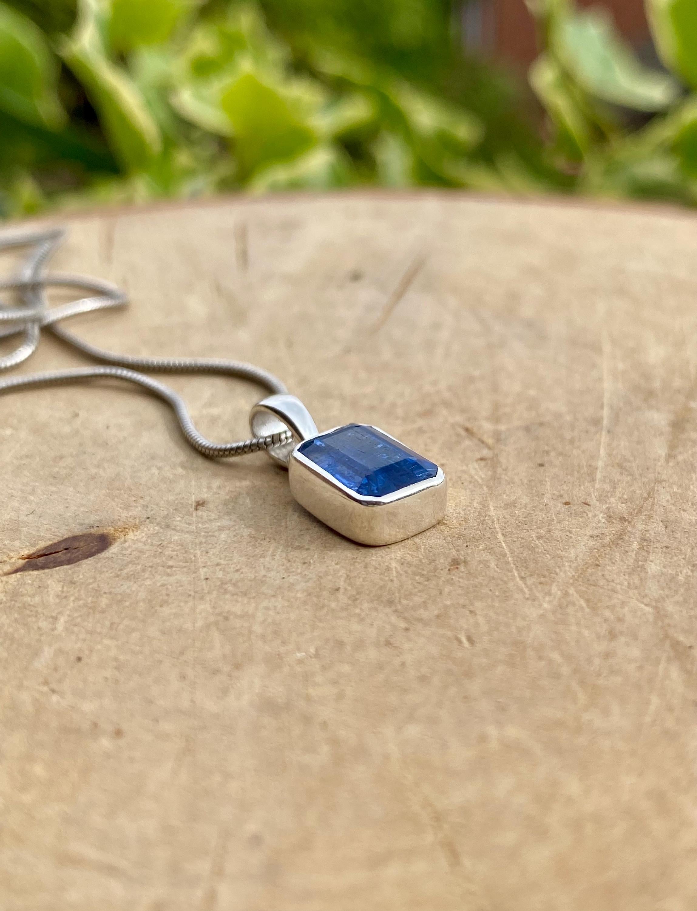 Blue Kyanite Pendant, Emerald Cut 10mm x 7mm 925 Sterling Silver, Handmade UK gift