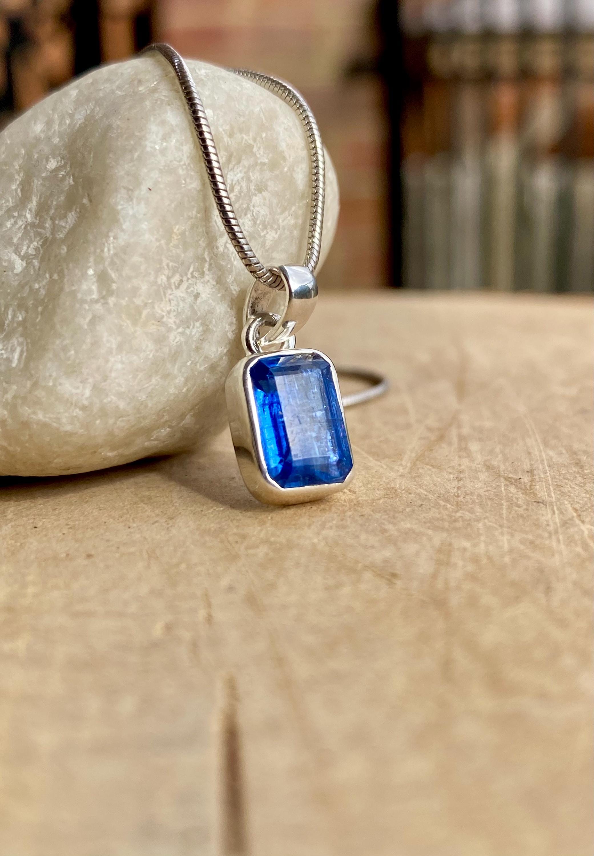 Blue Kyanite Pendant, Emerald Cut 10mm x 7mm 925 Sterling Silver, Handmade UK gift