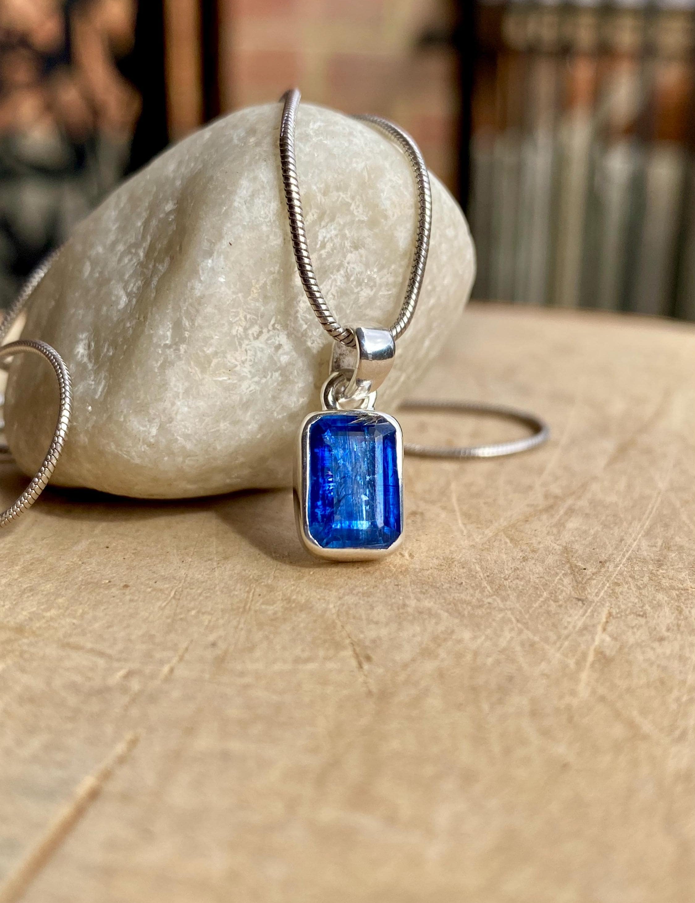 Blue Kyanite Pendant, Emerald Cut 10mm x 7mm 925 Sterling Silver, Handmade UK gift