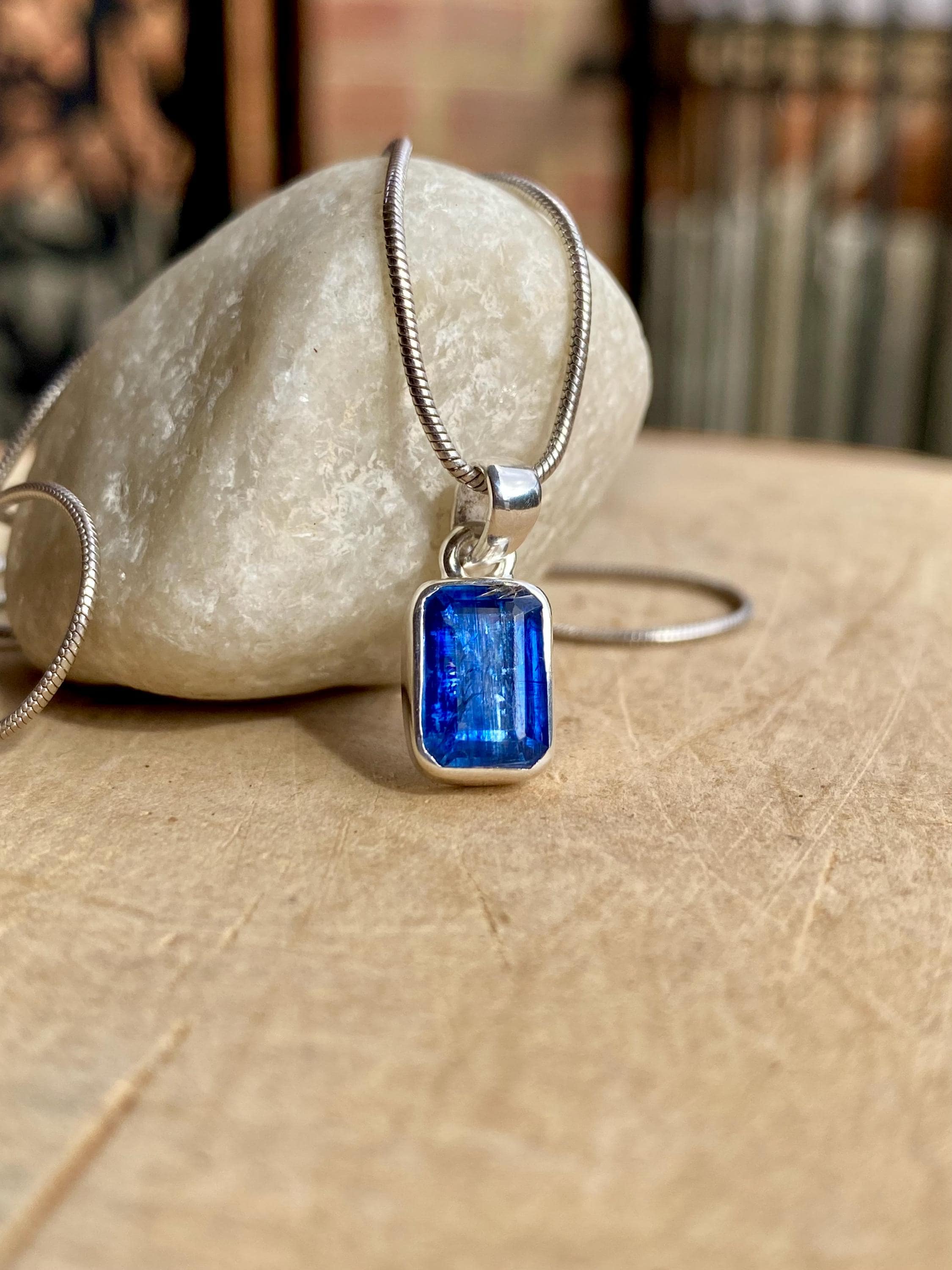 Blue Kyanite Pendant, Emerald Cut 10mm x 7mm 925 Sterling Silver, Handmade UK gift