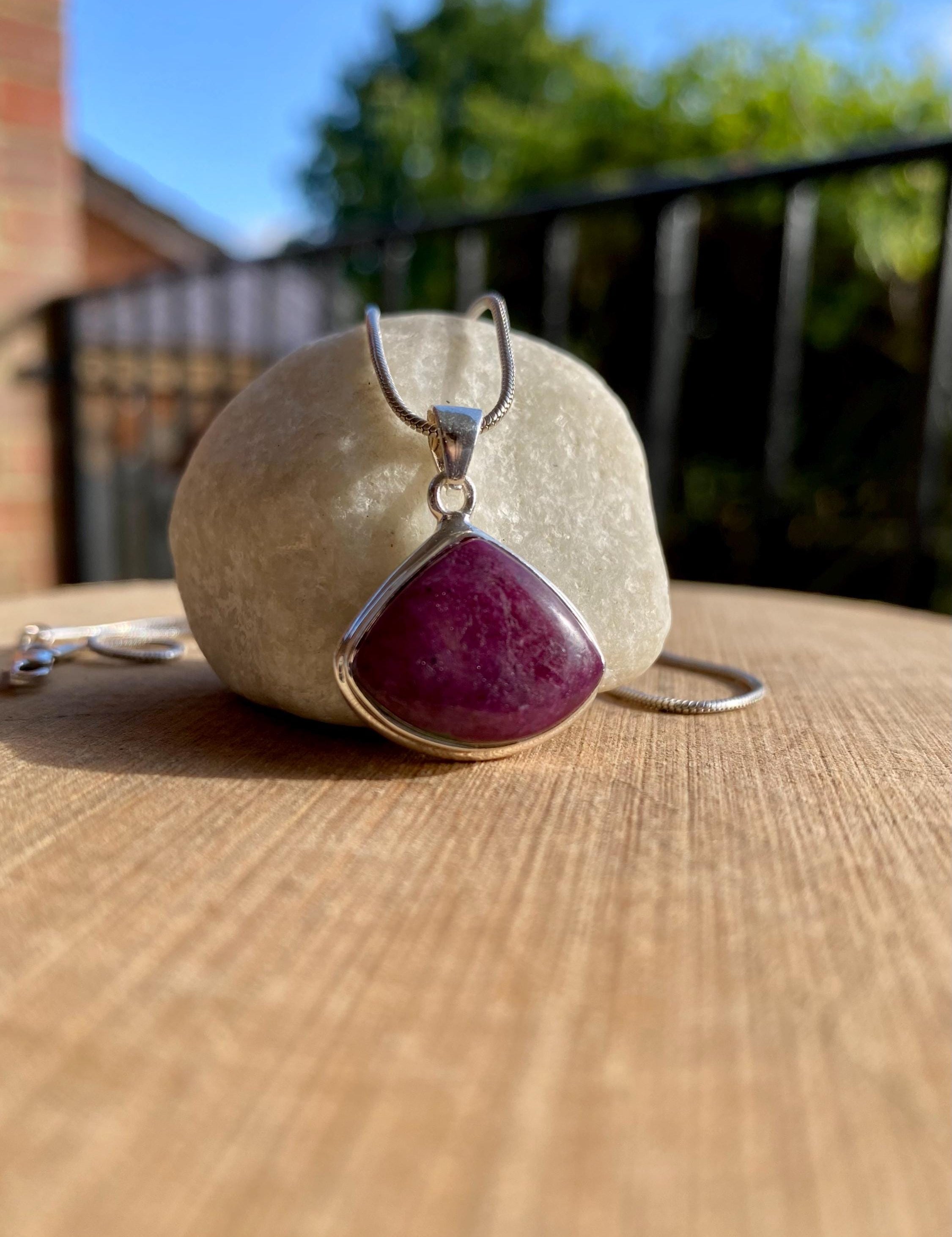 Teardrop African Ruby Pendant: Sterling Silver Necklace, July Birthstone