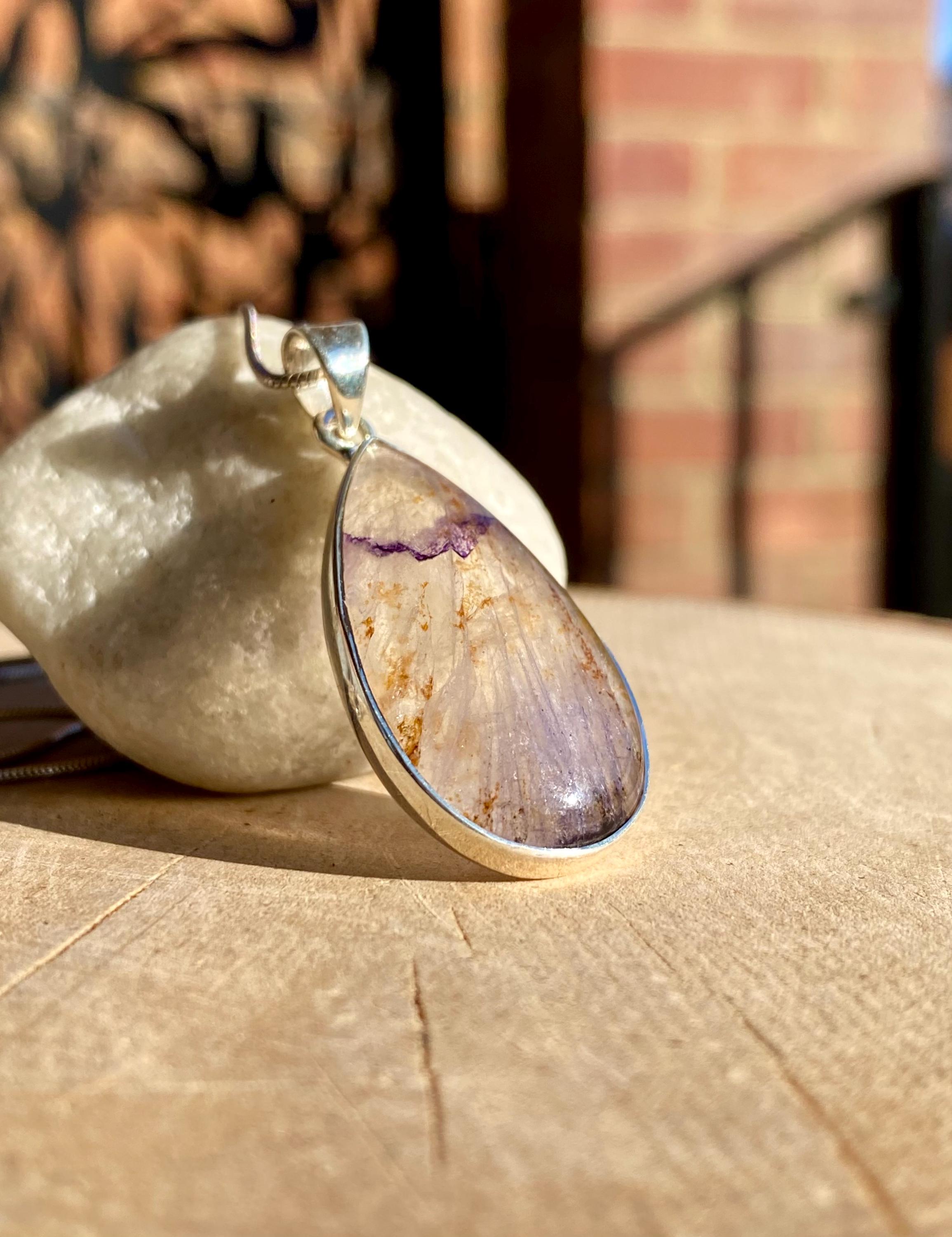 Rare Blue John Pendant, Teardrop 30mm x 18mm, Sterling Silver, Derbyshire UK