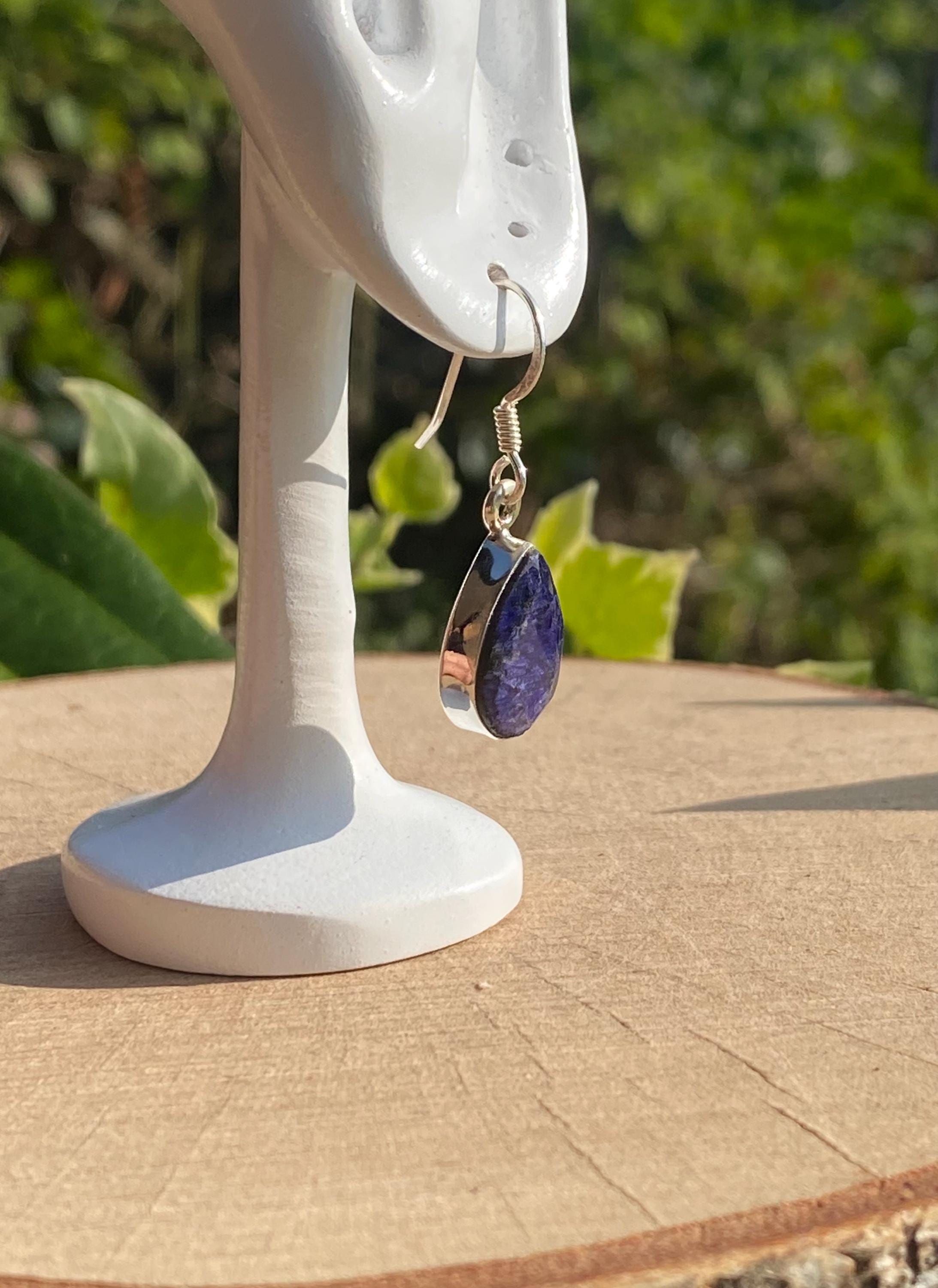 Teardrop Raw Sapphire 925 Silver Dangle Earrings