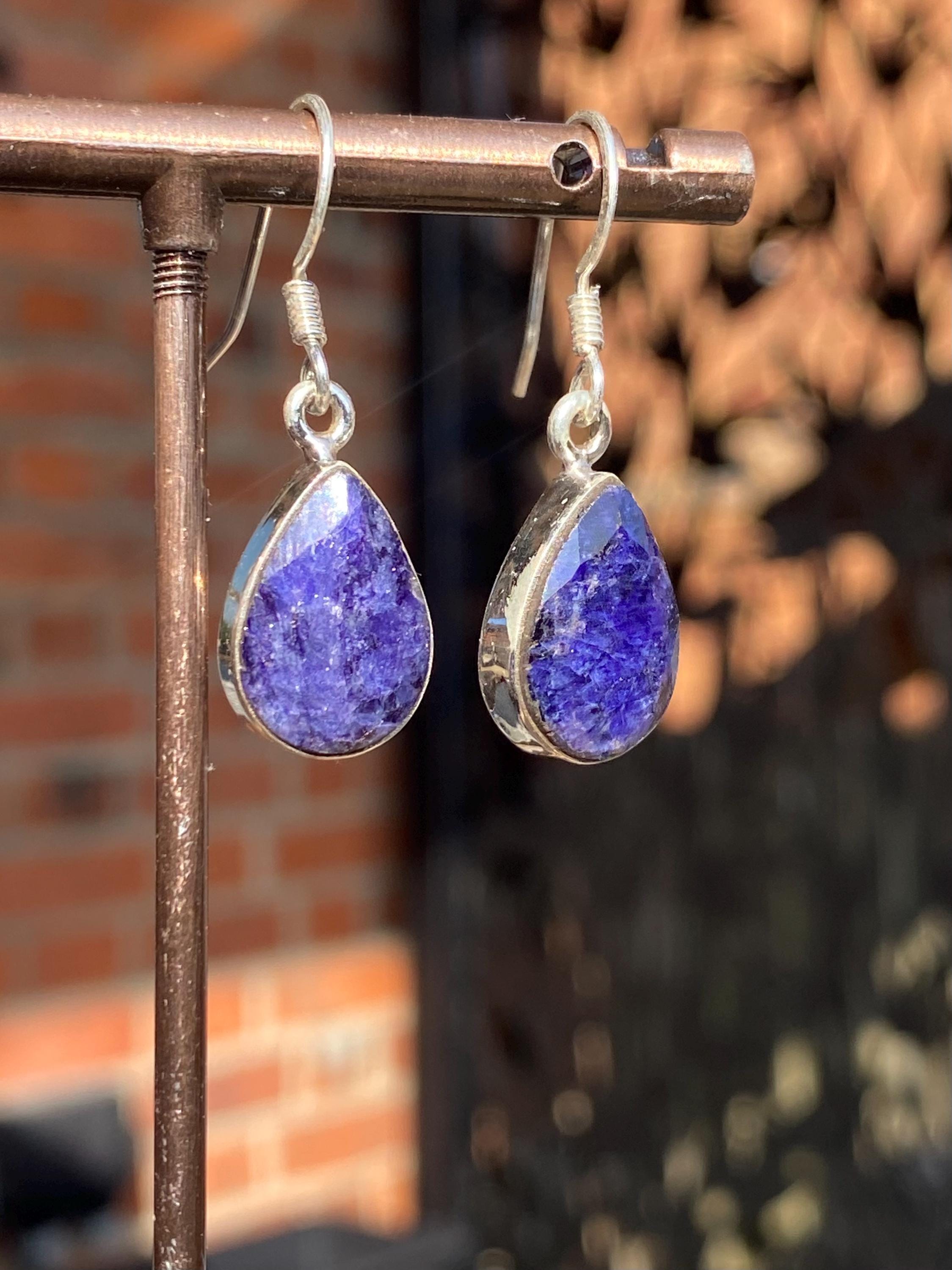 Teardrop Raw Sapphire 925 Silver Dangle Earrings