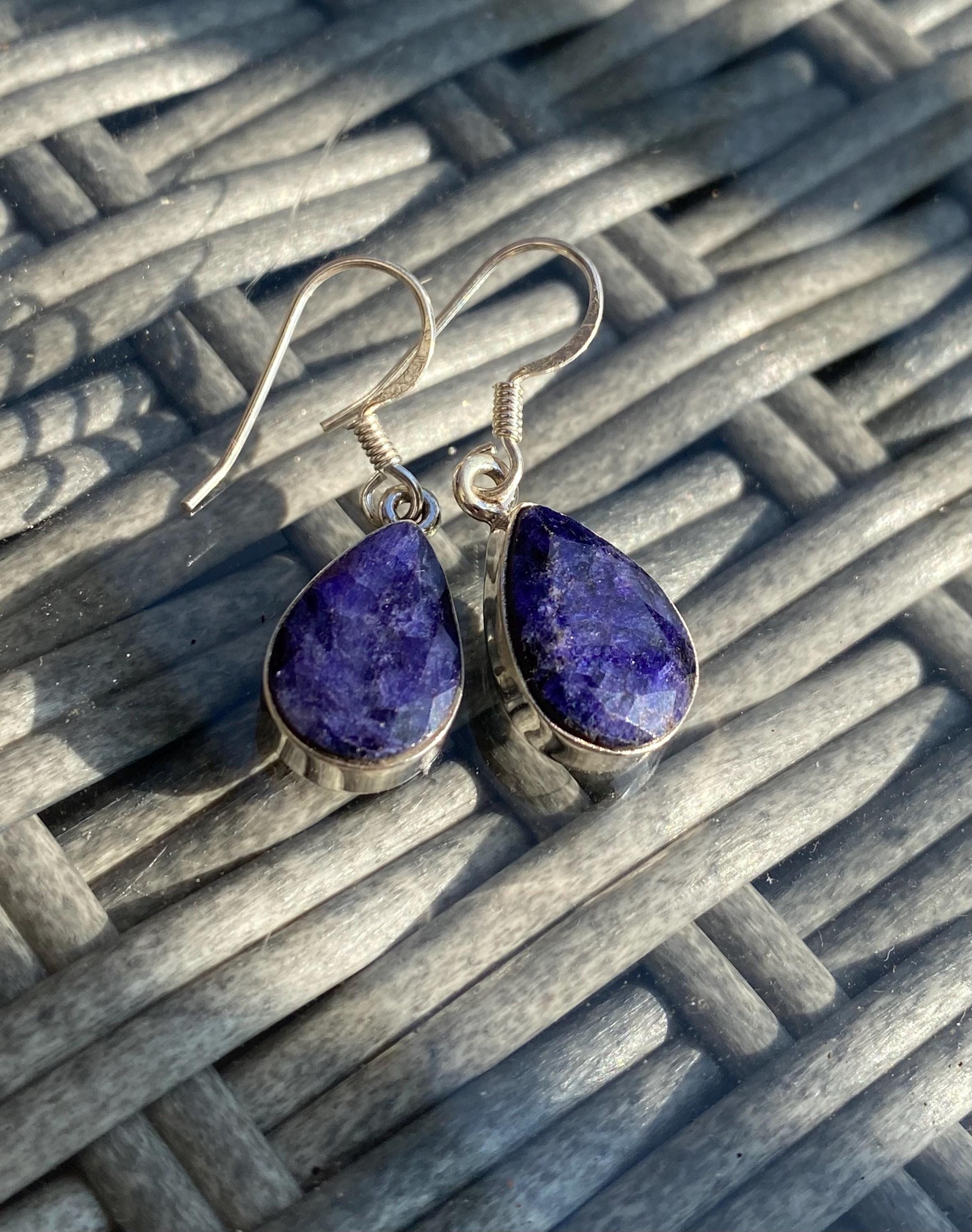 Teardrop Raw Sapphire 925 Silver Dangle Earrings