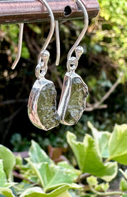 Natural Moldavite Dangle Earrings, Sterling Silver Uncut 13mm x 8mm, Handmade UK gift