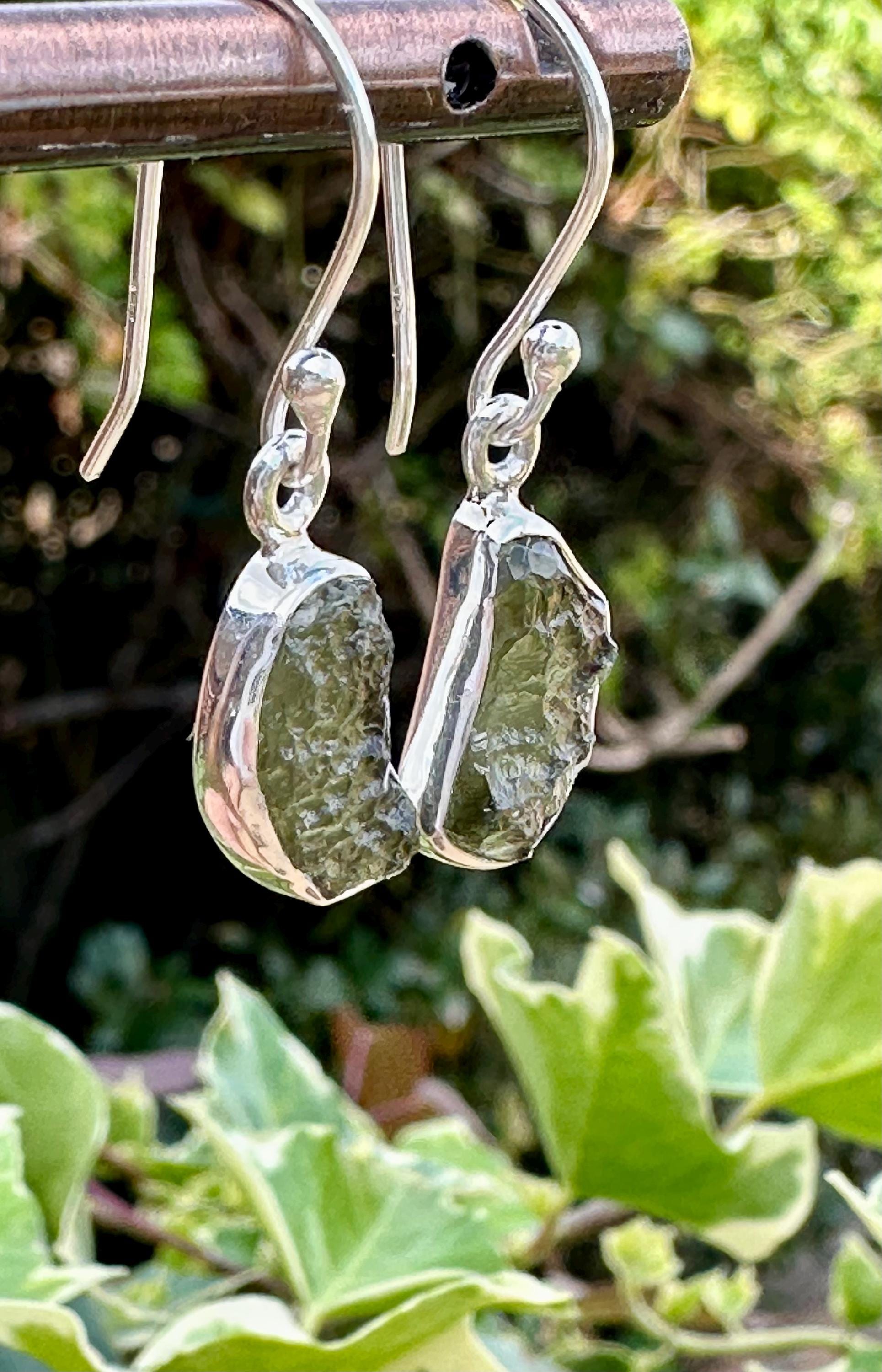 Natural Moldavite Dangle Earrings, Sterling Silver Uncut 13mm x 8mm, Handmade UK gift