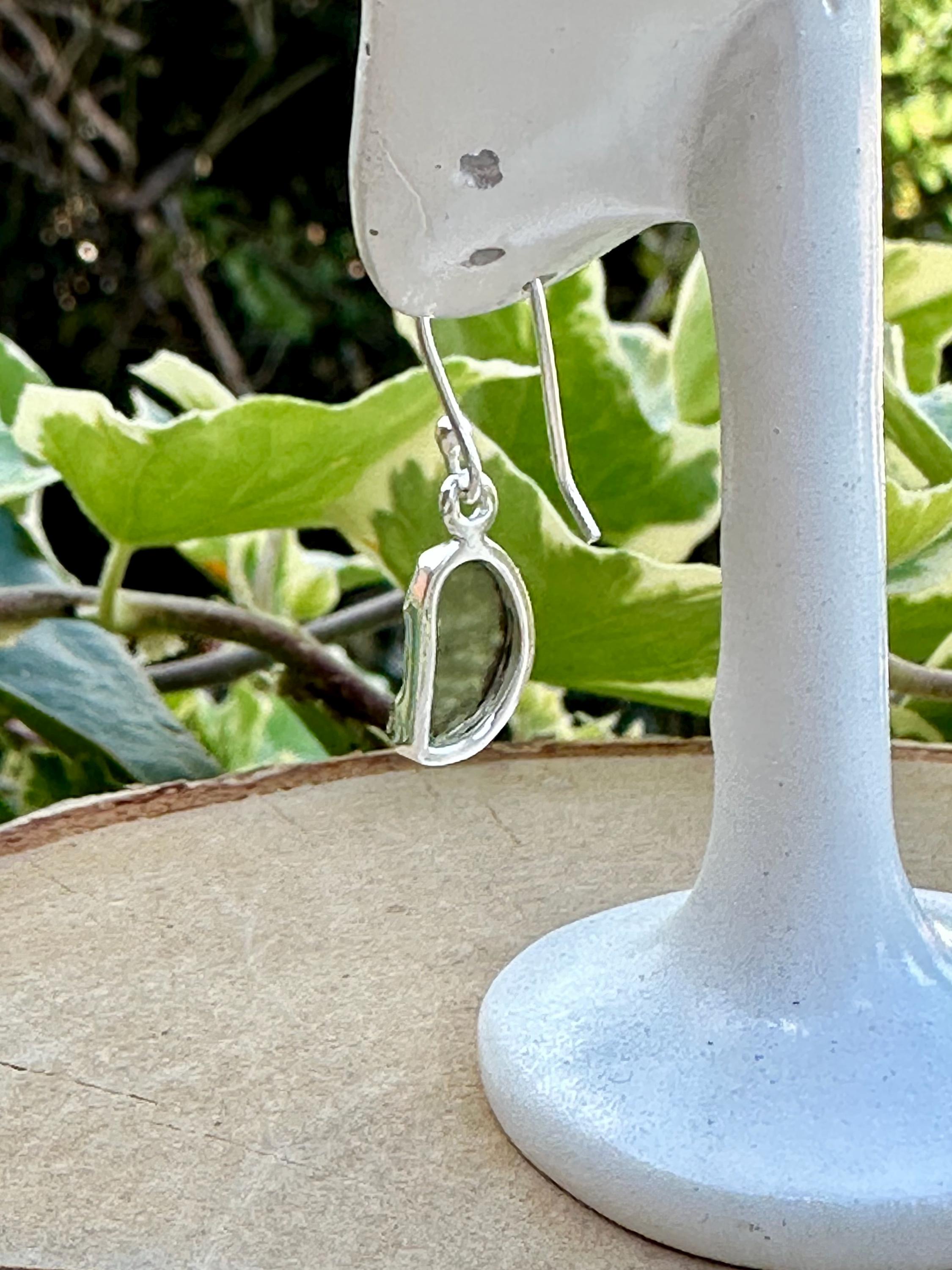 Natural Moldavite Dangle Earrings, Sterling Silver Uncut 13mm x 8mm, Handmade UK gift