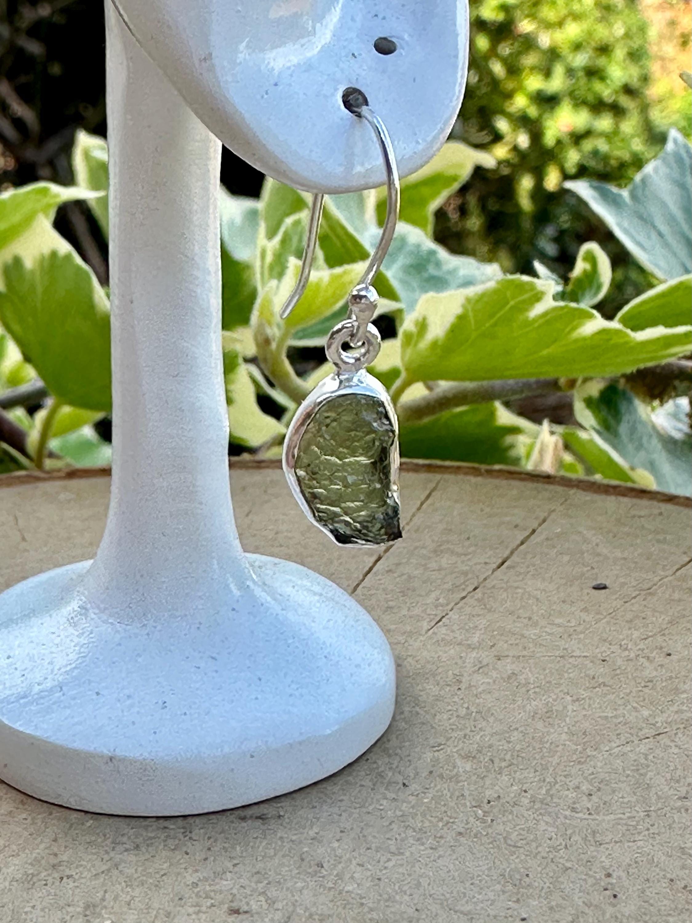 Natural Moldavite Dangle Earrings, Sterling Silver Uncut 13mm x 8mm, Handmade UK gift