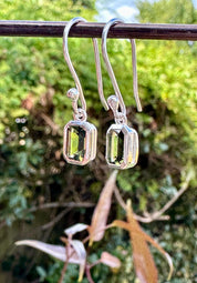 Genuine Moldavite Dangle Earrings, Sterling Silver Emerald - Cut 7mm x 5mm, Handmade UK gift