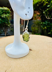 Natural Moldavite Dangle Earrings, Uncut 12mm x 8mm Sterling Silver, Handmade UK