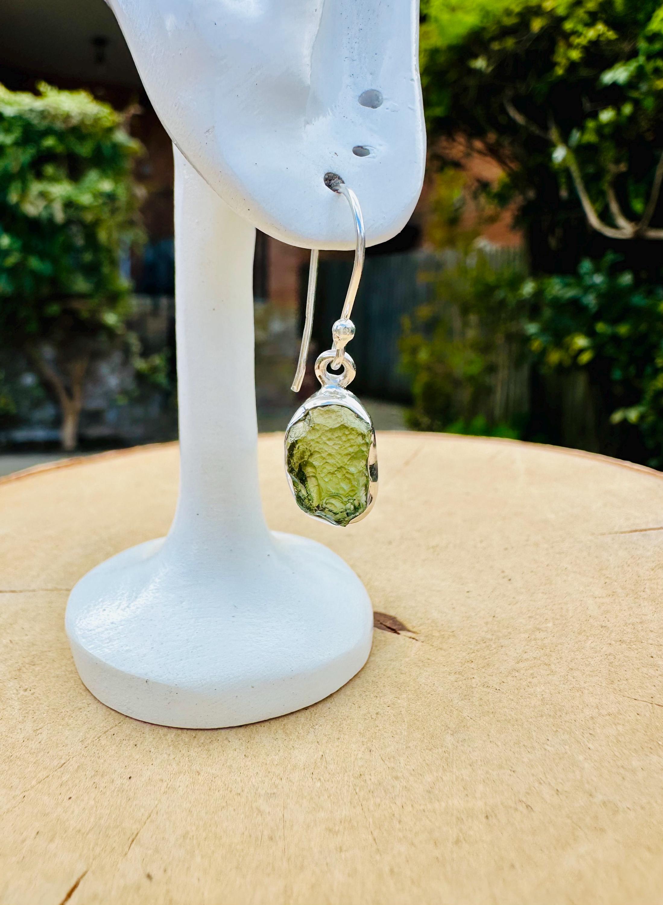 Natural Moldavite Dangle Earrings, Uncut 12mm x 8mm Sterling Silver, Handmade UK
