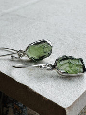 Natural Moldavite Dangle Earrings, Uncut 12mm x 8mm Sterling Silver, Handmade UK