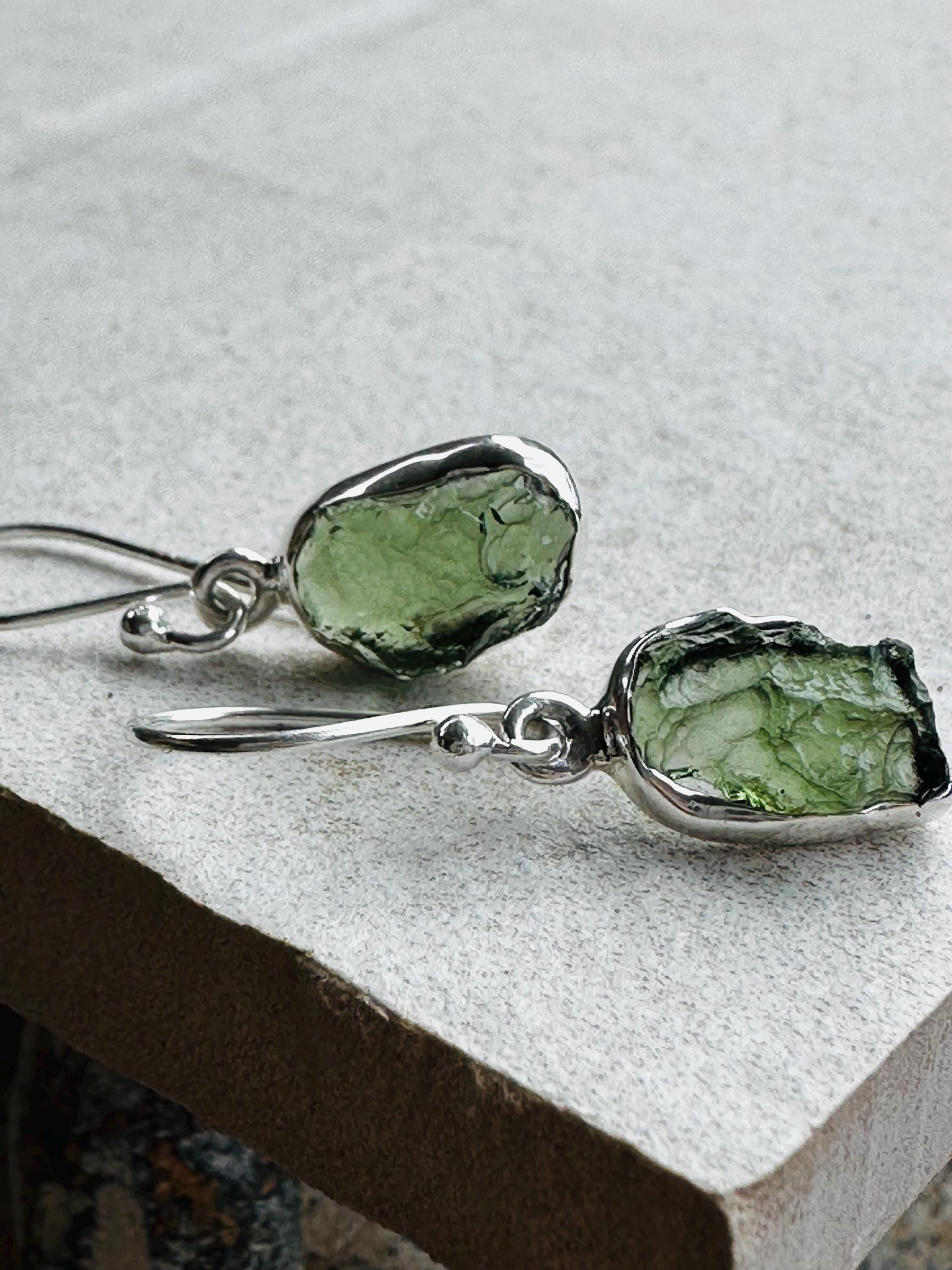 Natural Moldavite Dangle Earrings, Uncut 12mm x 8mm Sterling Silver, Handmade UK