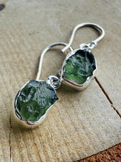 Natural Moldavite Dangle Earrings, Uncut 12mm x 8mm Sterling Silver, Handmade UK