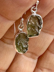 Natural Moldavite Dangle Earrings, Uncut 12mm x 8mm Sterling Silver, Handmade UK