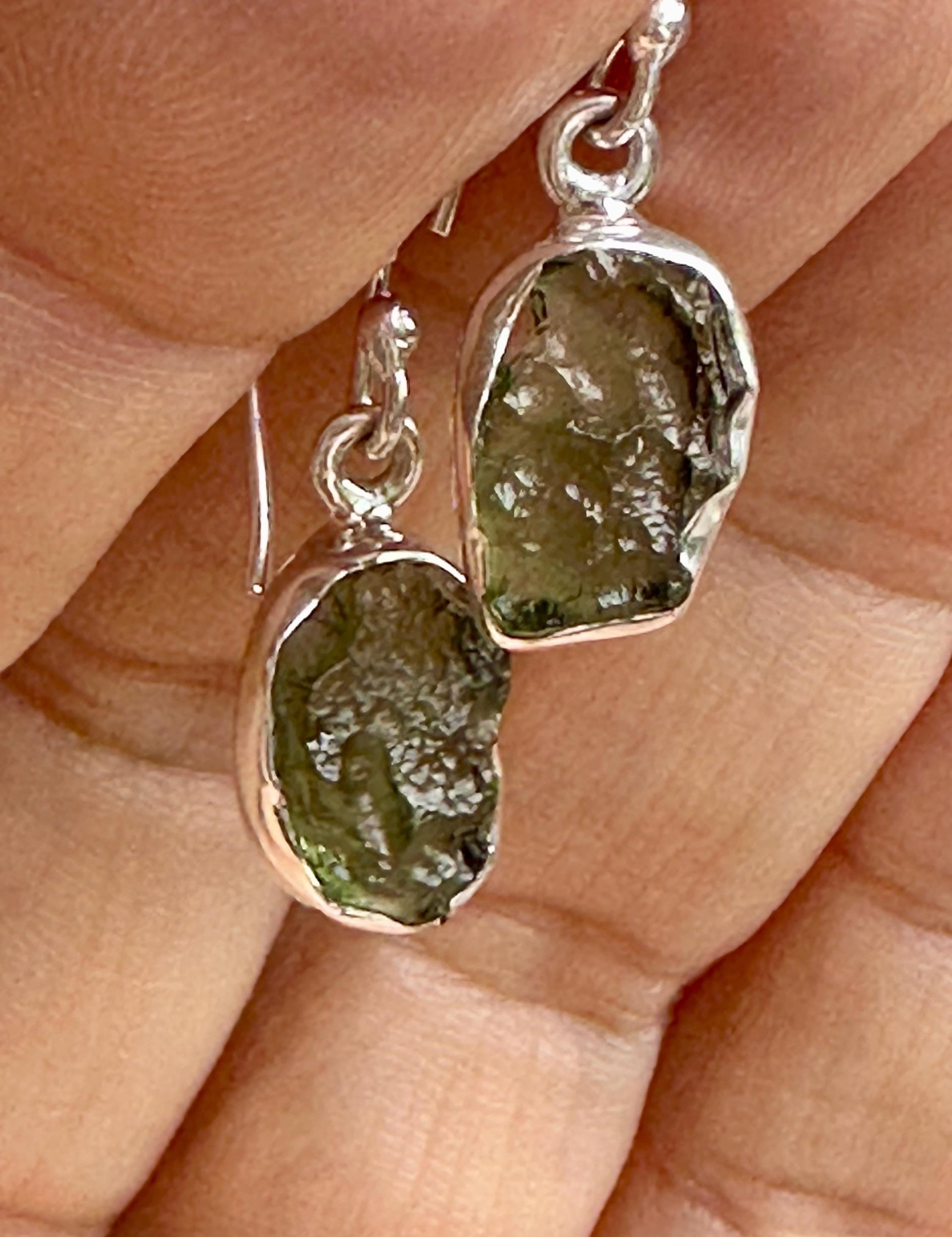 Natural Moldavite Dangle Earrings, Uncut 12mm x 8mm Sterling Silver, Handmade UK