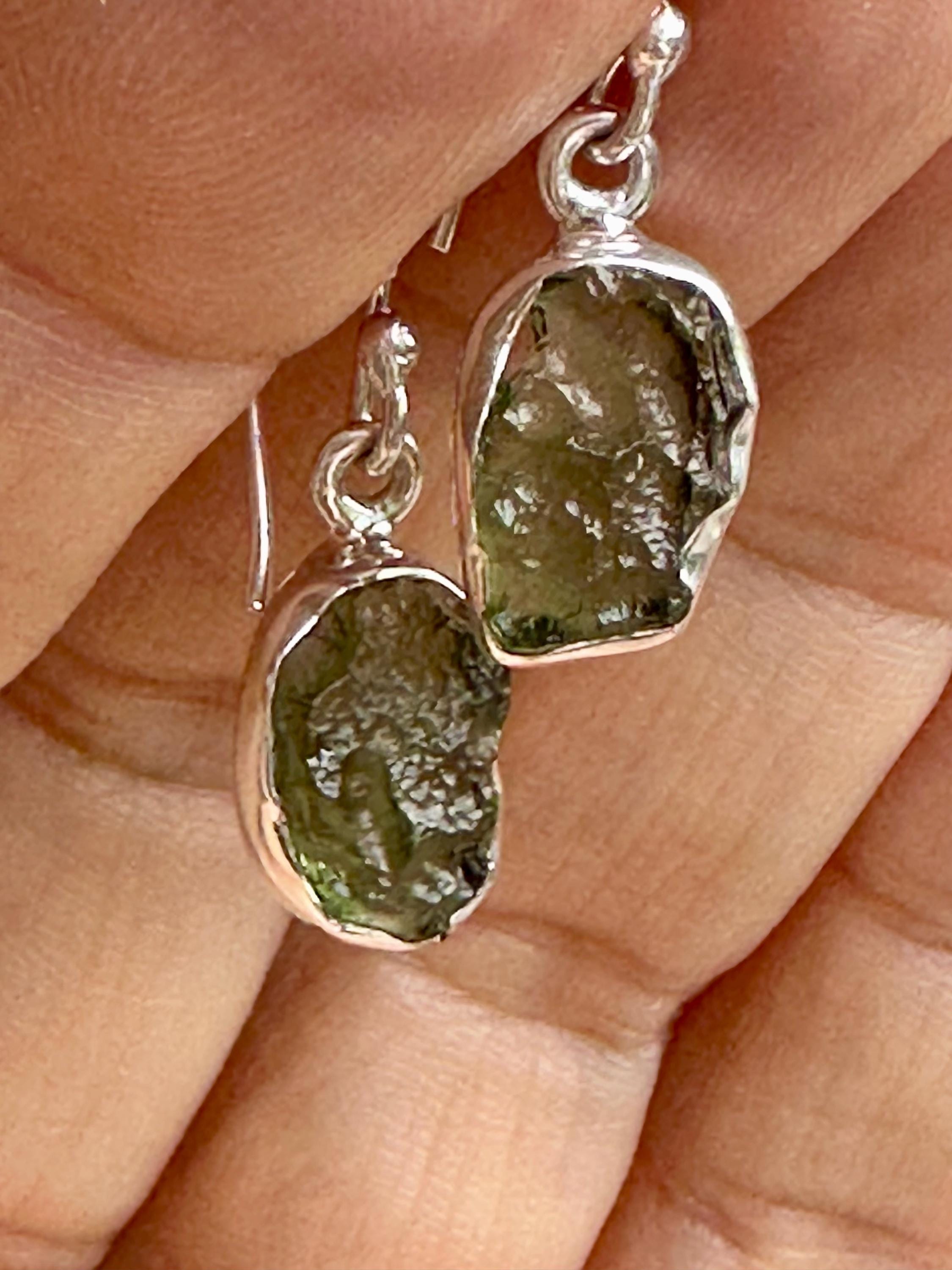 Natural Moldavite Dangle Earrings, Uncut 12mm x 8mm Sterling Silver, Handmade UK