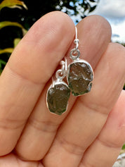 Natural Moldavite Dangle Earrings, Uncut 12mm x 8mm Sterling Silver, Handmade UK