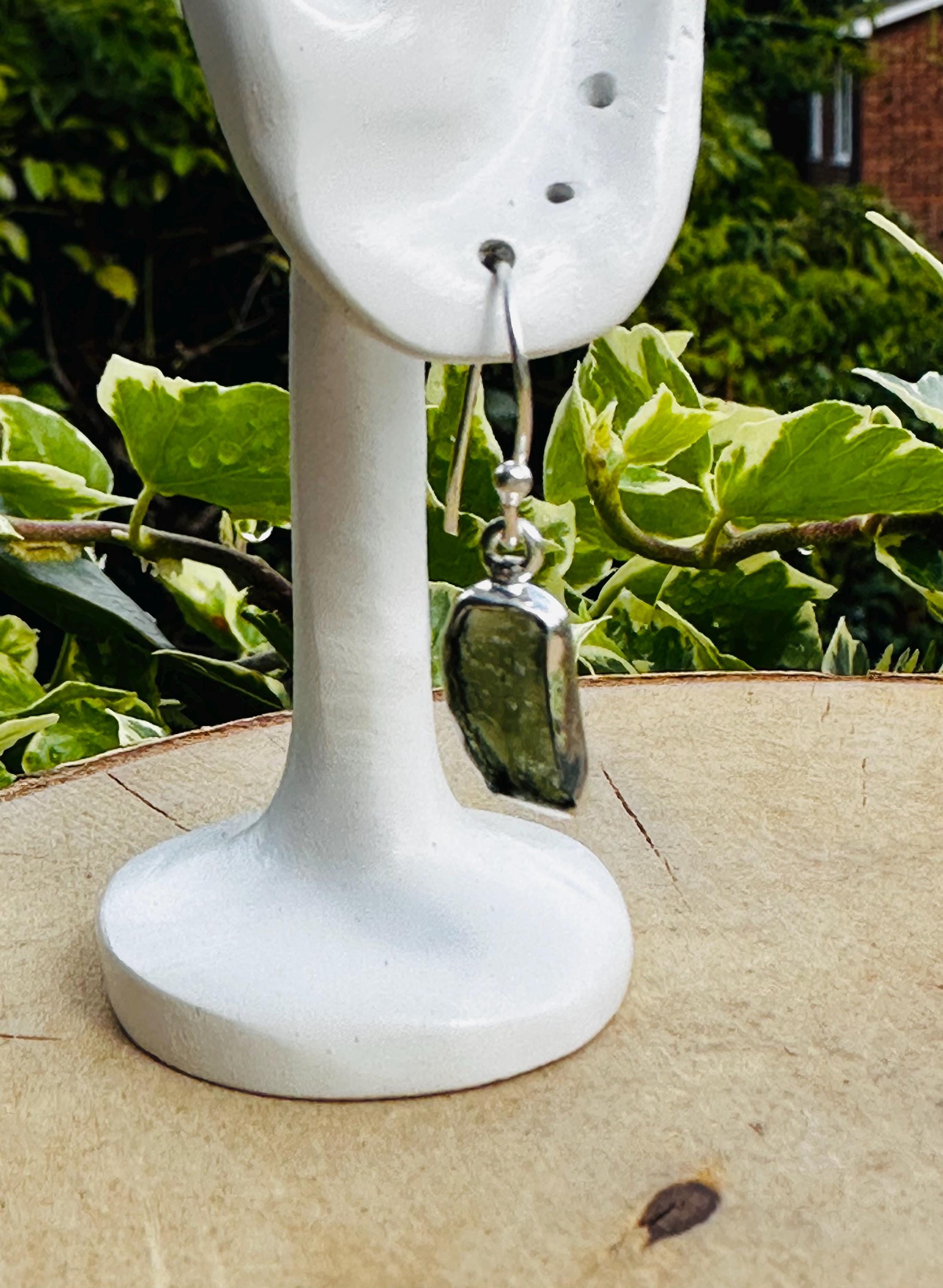 Natural Moldavite Dangle Earrings, Sterling Silver Uncut 14mm x 7mm, Handmade UK