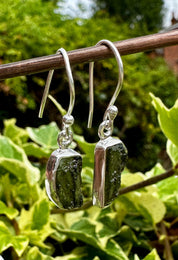 Natural Moldavite Dangle Earrings, Sterling Silver Uncut 14mm x 7mm, Handmade UK