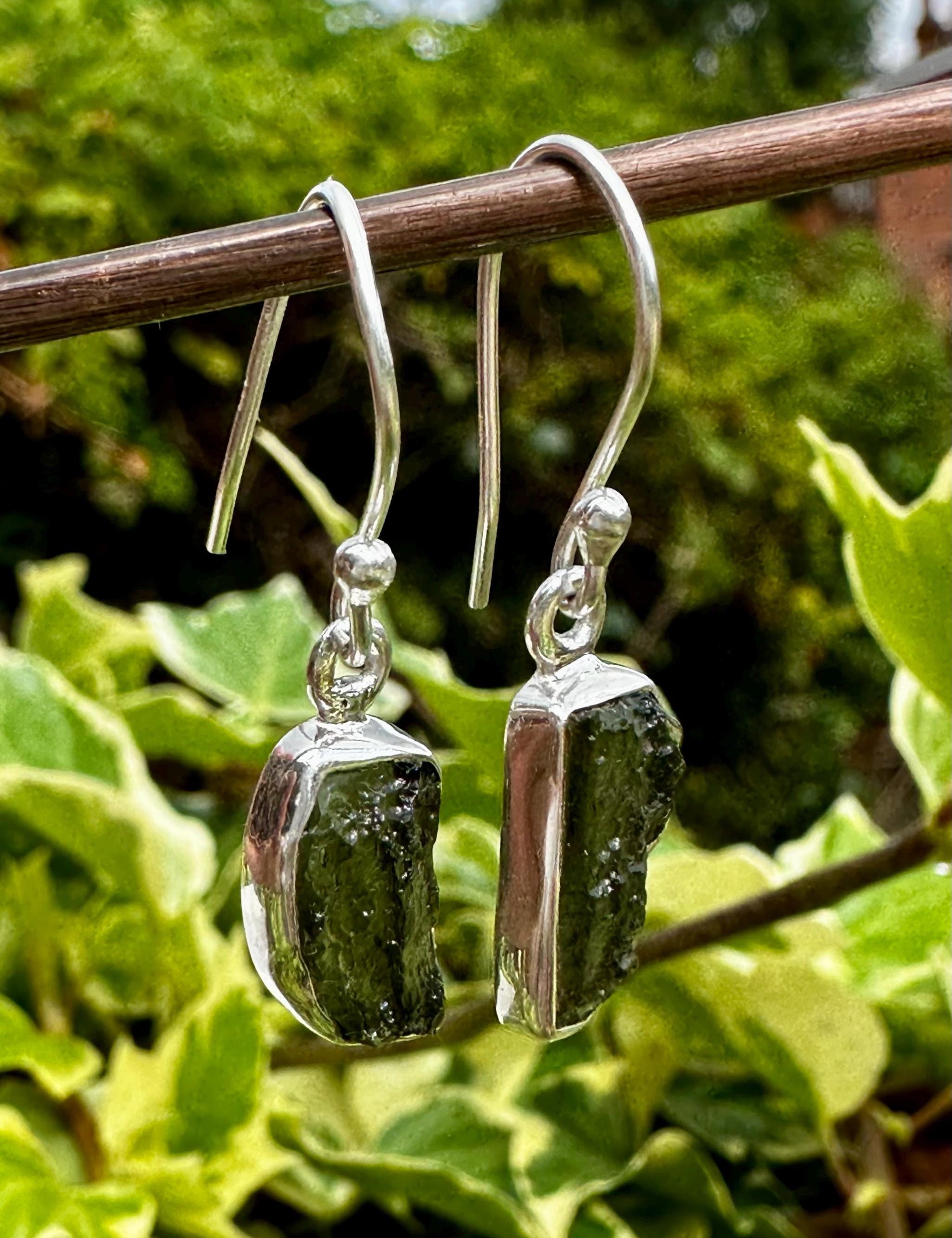 Natural Moldavite Dangle Earrings, Sterling Silver Uncut 14mm x 7mm, Handmade UK