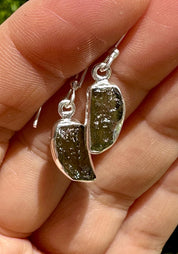 Natural Moldavite Dangle Earrings, Sterling Silver Uncut 14mm x 7mm, Handmade UK