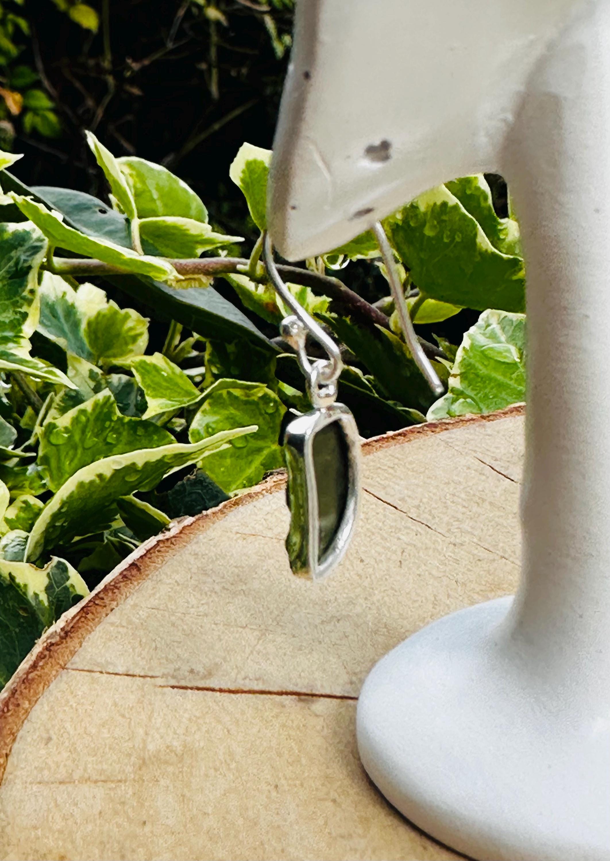 Natural Moldavite Dangle Earrings, Sterling Silver Uncut 14mm x 7mm, Handmade UK