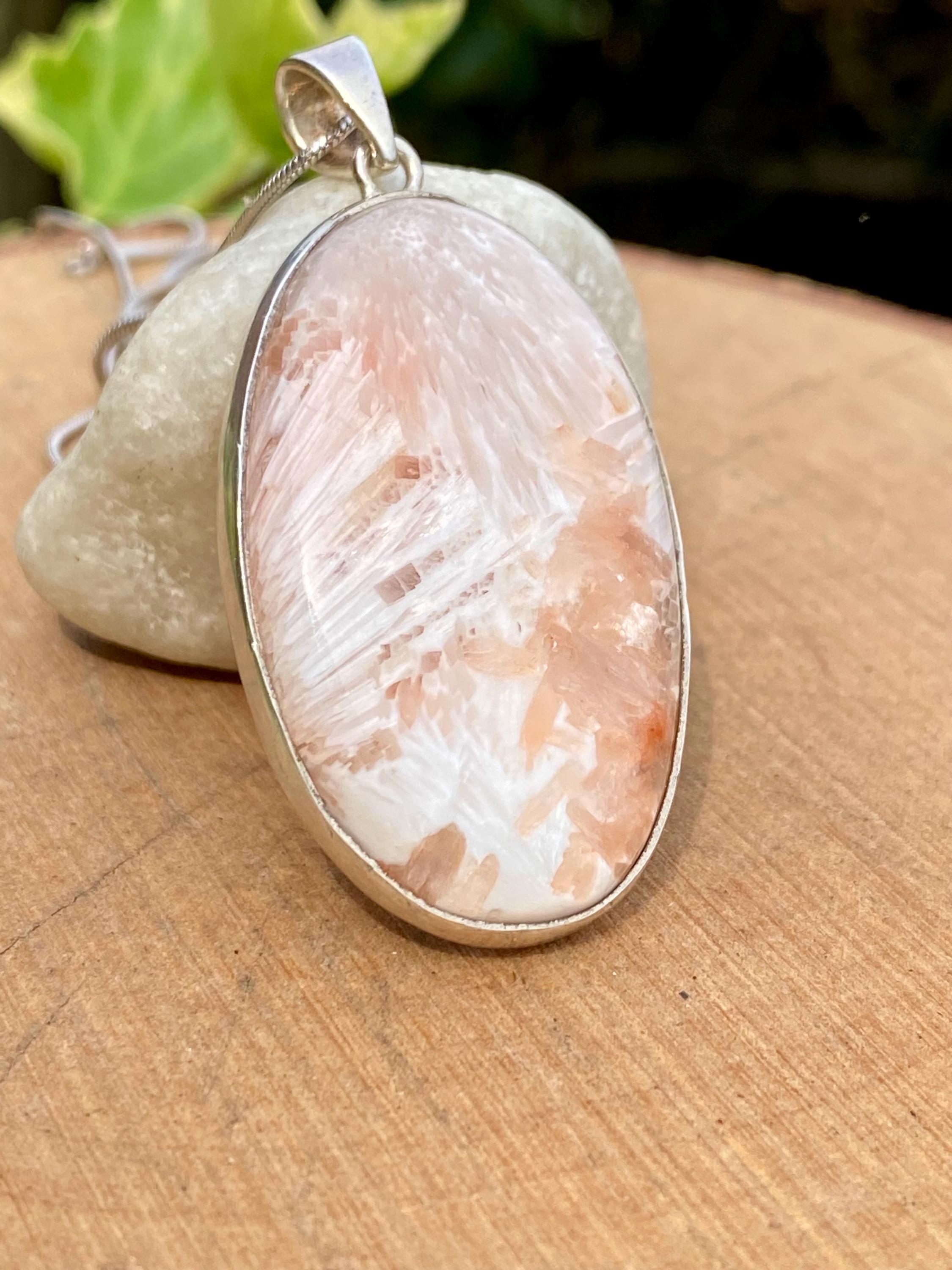 Peach Scolecite, Oval 43x26mm, 925 Sterling Silver, Handmade UK Gift