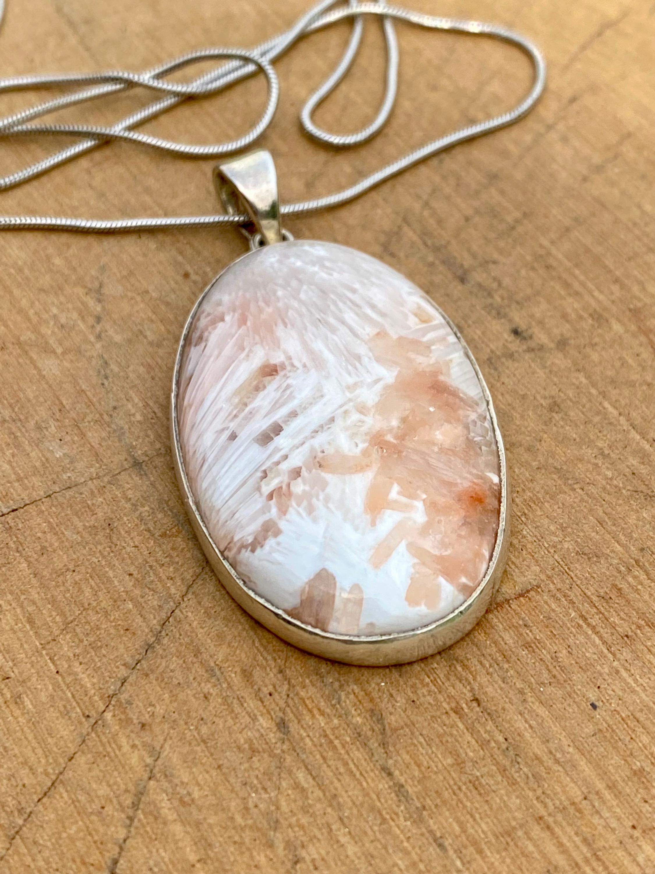 Peach Scolecite, Oval 43x26mm, 925 Sterling Silver, Handmade UK Gift