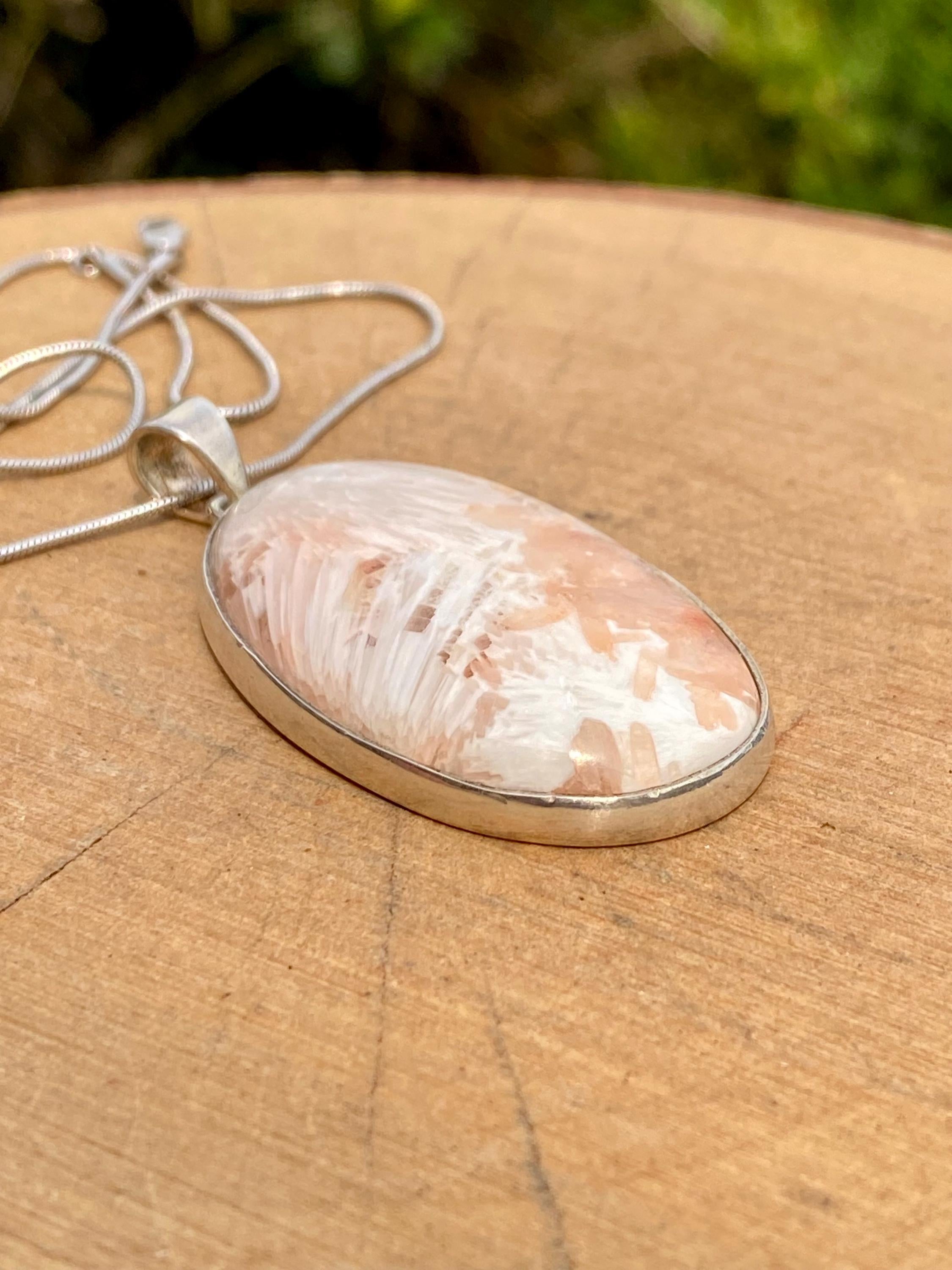Peach Scolecite, Oval 43x26mm, 925 Sterling Silver, Handmade UK Gift