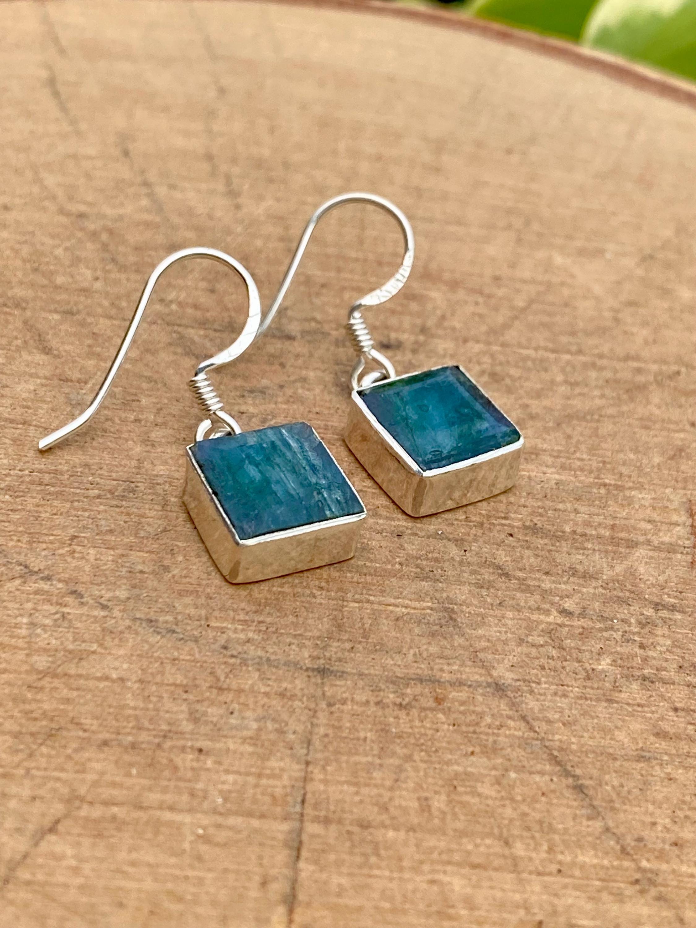 Raw Emerald Dangle Earrings, Princess Cut, Square 9mm x 9mm, Sterling Silver, Handmade UK