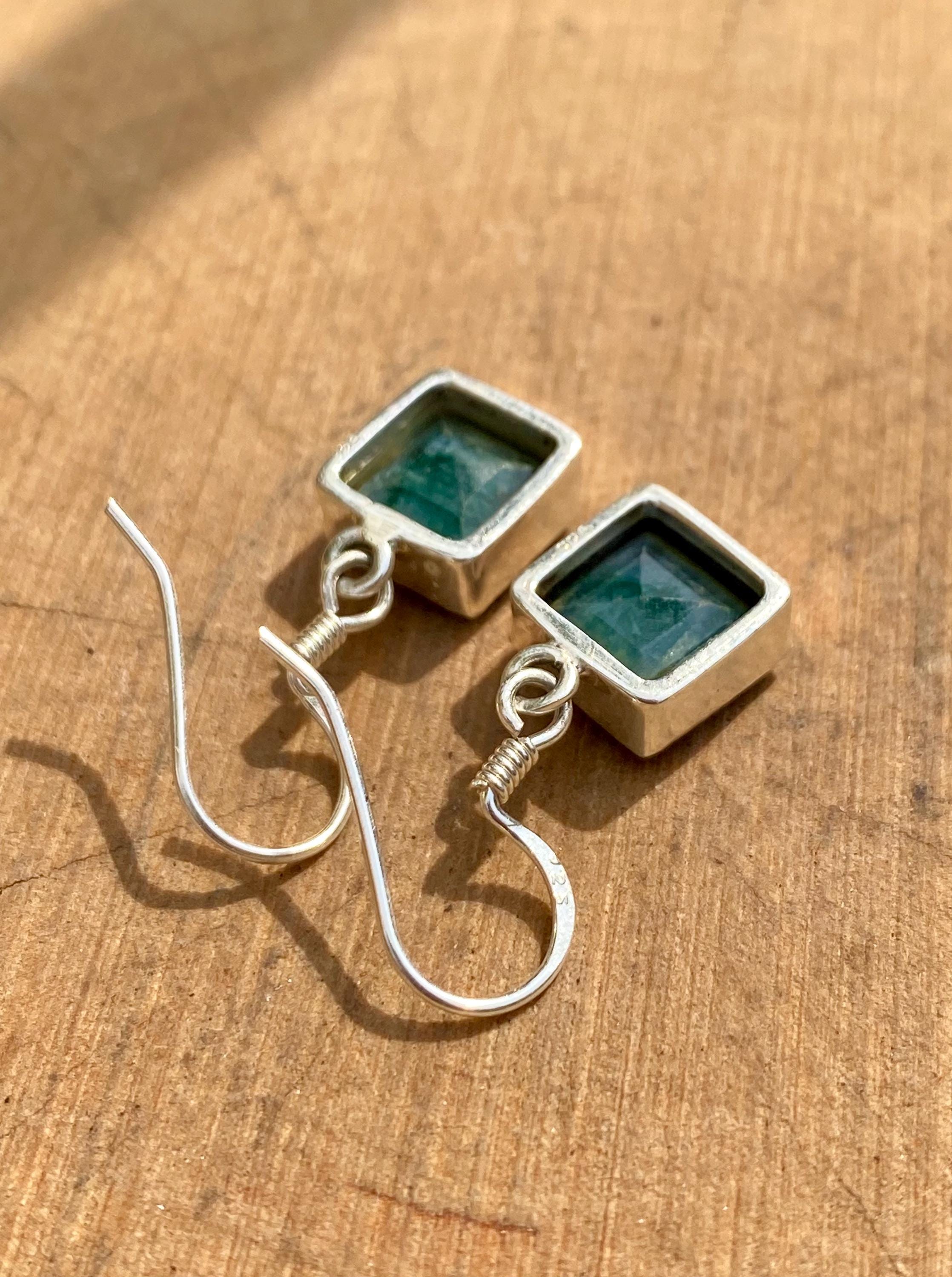 Raw Emerald Dangle Earrings, Princess Cut, Square 9mm x 9mm, Sterling Silver, Handmade UK