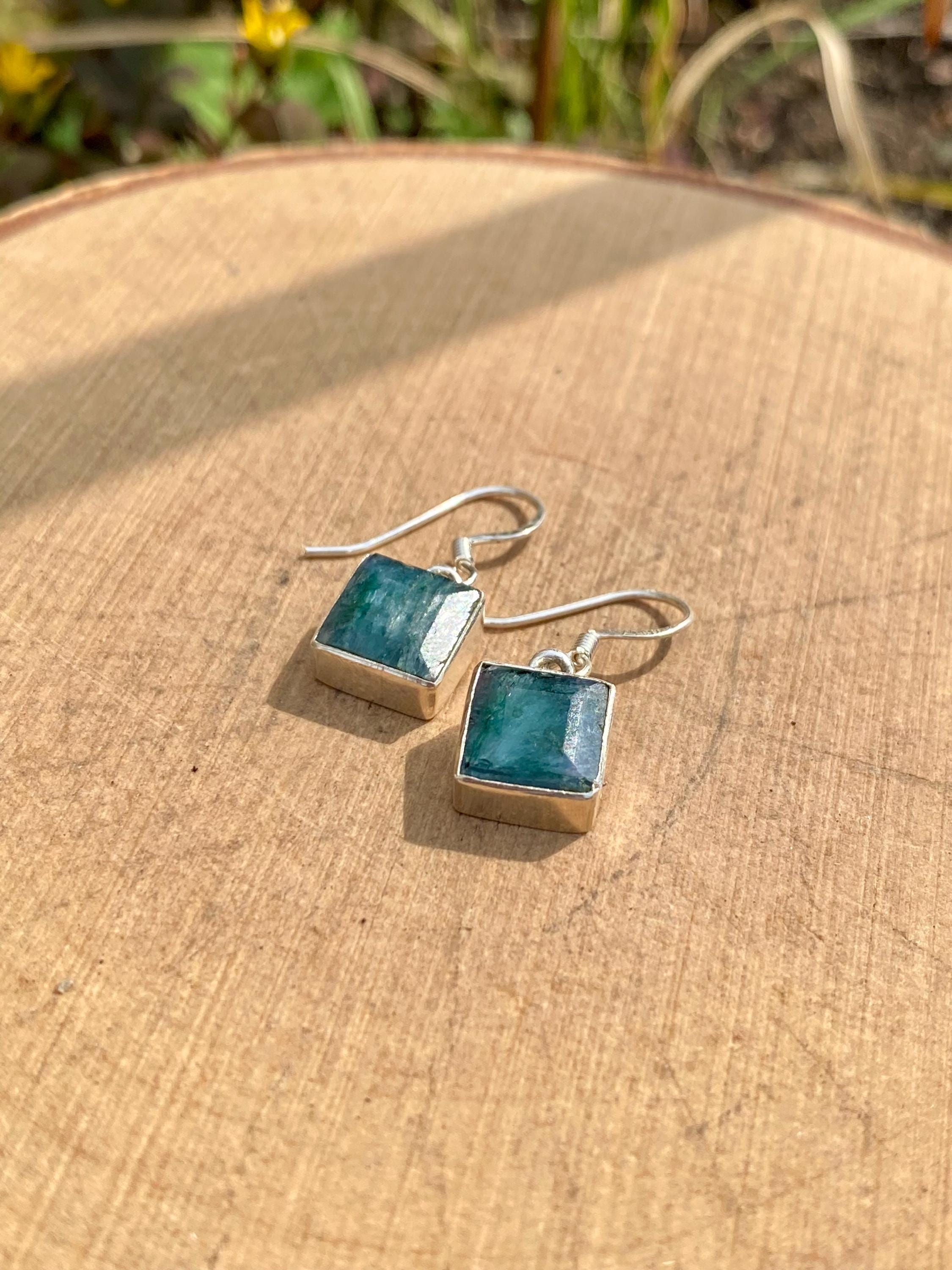Raw Emerald and Silver Dangle Earrings