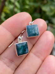 Raw Emerald Dangle Earrings, Princess Cut, Square 9mm x 9mm, Sterling Silver, Handmade UK