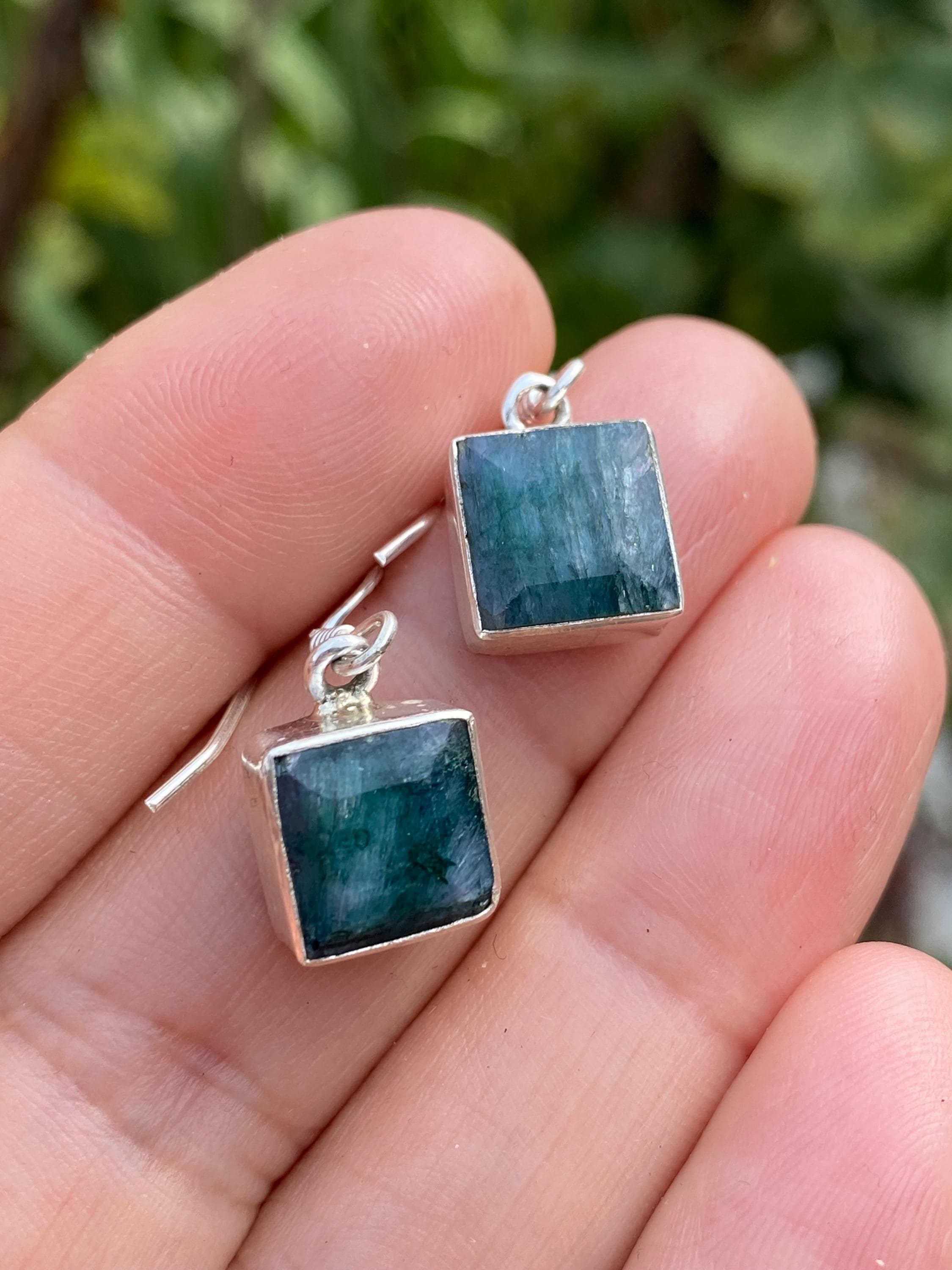 Raw Emerald Dangle Earrings, Princess Cut, Square 9mm x 9mm, Sterling Silver, Handmade UK