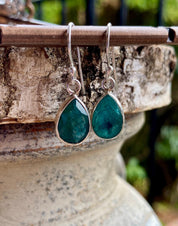Raw Emerald Dangle Earrings, Teardrop 12mm x 8mm, Sterling Silver, Handmade UK