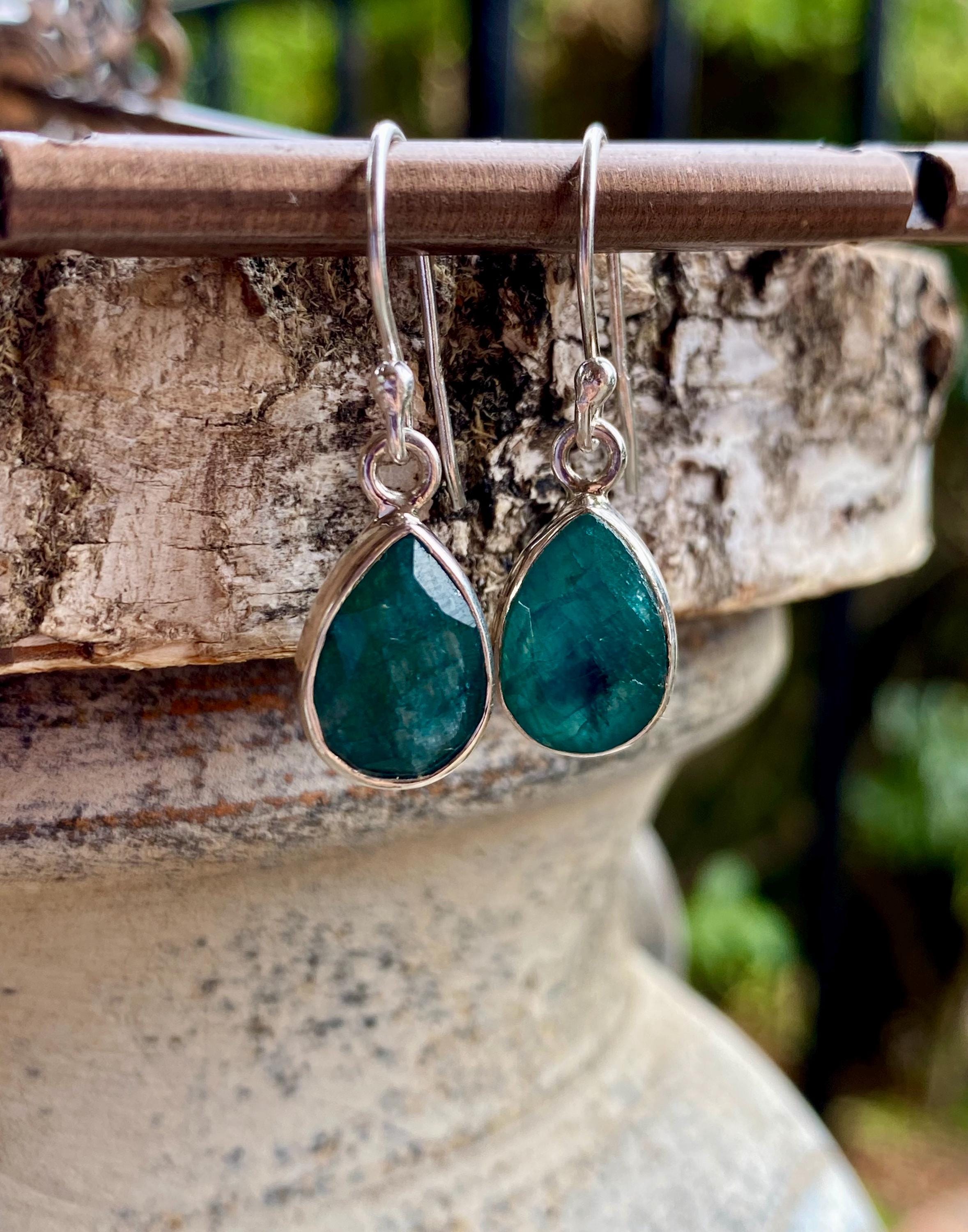 Raw Emerald Dangle Earrings, Teardrop 12mm x 8mm, Sterling Silver, Handmade UK