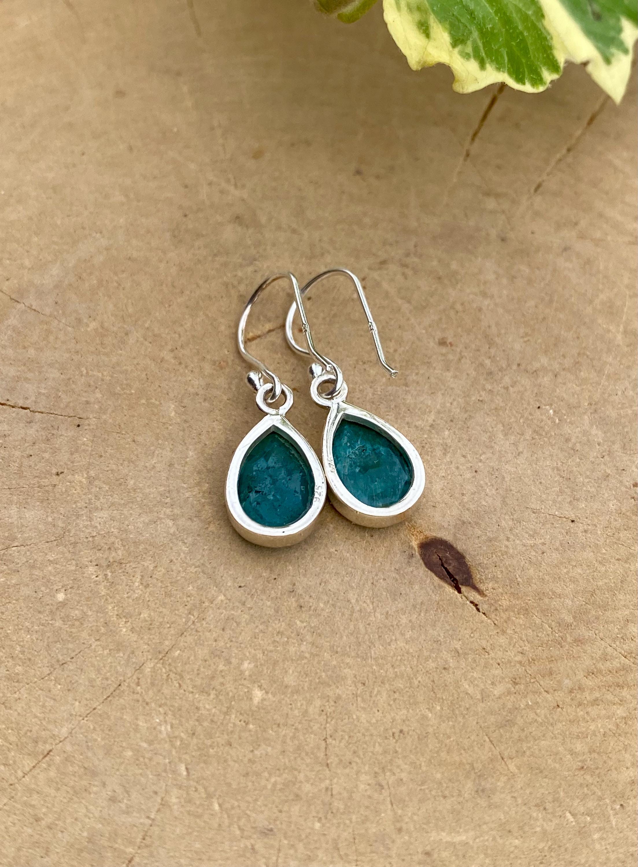 Raw Emerald Dangle Earrings, Teardrop 12mm x 8mm, Sterling Silver, Handmade UK
