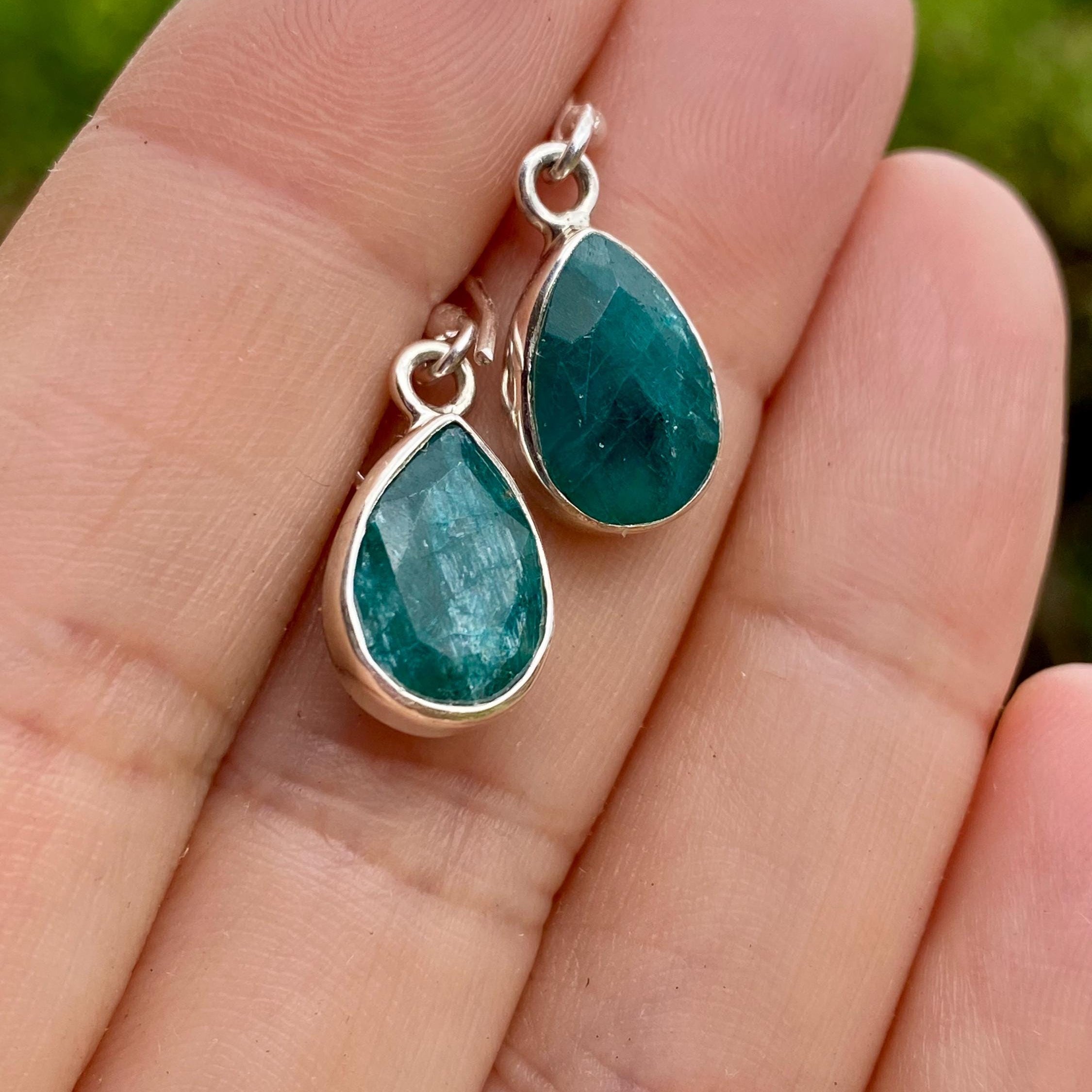 Raw Emerald Dangle Earrings, Teardrop 12mm x 8mm, Sterling Silver, Handmade UK